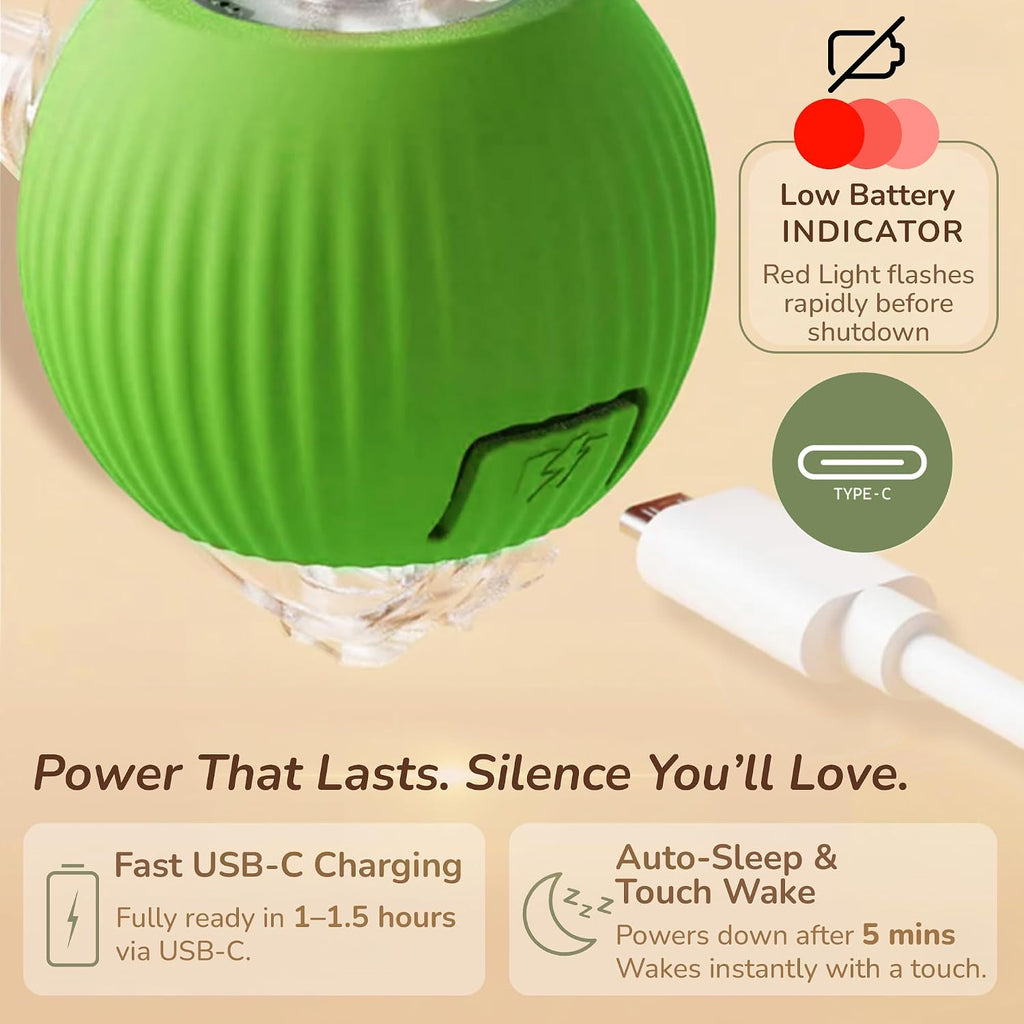 Interactive Cat Toy Automatic Moving Ball, Indoor Cats, Rechargeable, Green | Interactive Toys for Cats, Motion Activated Dog Toy for Small Dogs, 3 Speed Modes, Rechargeable, Quiet Silicone