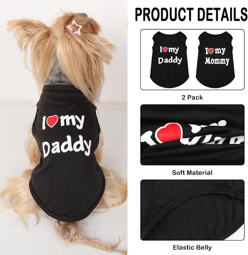 2 Pack Dog T-Shirt Sleeveless Vest for Small Dog, Love Mommy Daddy Chihuahua Yorkie Tank Top Tee Shirt Boy Girl Breathable, Summer Cute Female Male Stretchy Cotton Puppy Pet Cat Clothing, XS, Black