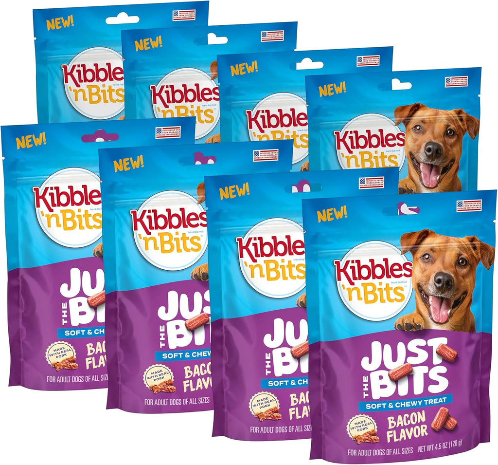 Kibbles N’ Bits Just the Bits Chewy Dog Treats, Bacon Flavor, 4.5 Oz Bag | 8-Pack of 50 Soft & Chewy Dog Treats per Bag, Made with Real Pork, Perfect for Training, Rewards and Snacking