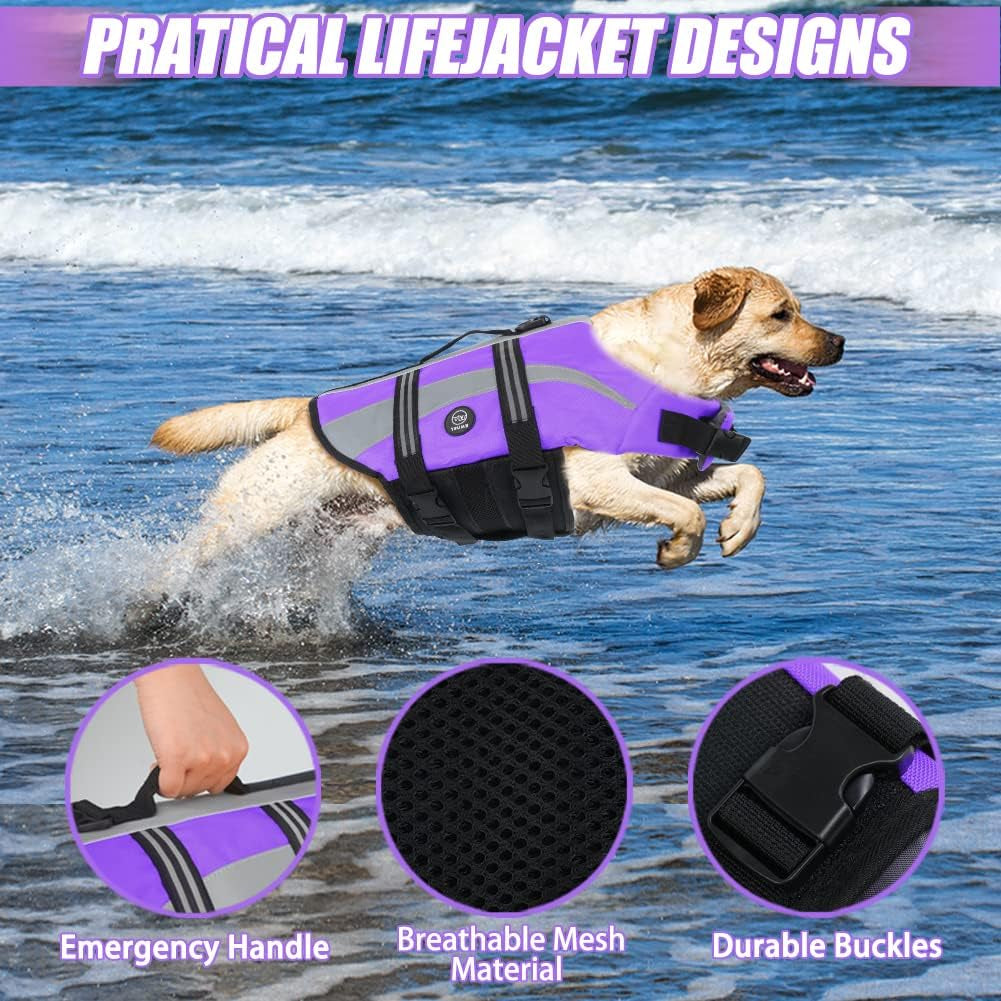 Dog Life Jacket, High Flotation Sports Style Life Vests for Dogs | Reflective Life Jacket for Small Dogs with Rescue Handle, Small Dog Vests Lifesaver for Swimming Boating Water, Purple, S