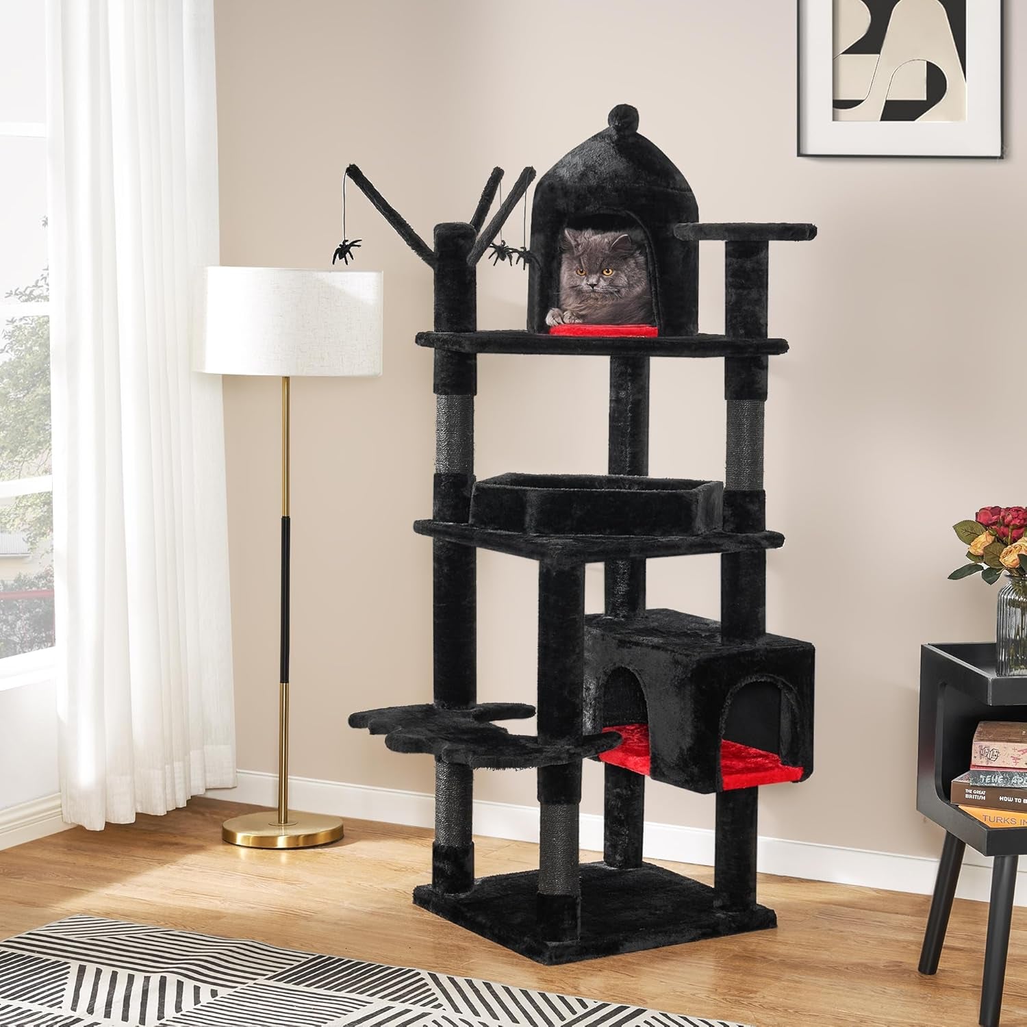 Heavy Duty Cat Tree Tower, 63 in Gothic Cat Trees with Coffin Bed | Large Goth Cat Tree for Indoor Cats, Cat Condo with Scratching Posts for Adult Cats 20 Lbs+, Tall Cat House, Black & Red