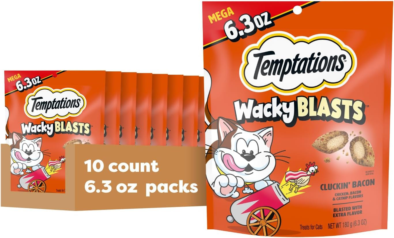 Wacky Blasts Cat Treats, Cluckin' Bacon Flavor, 6.3 Oz, 10 Pack | Chicken, Bacon & Catnip Flavor Bits, Crunchy Outside, Soft Inside, under 2 Cal, 100% Complete & Balanced, Resealable Pouch