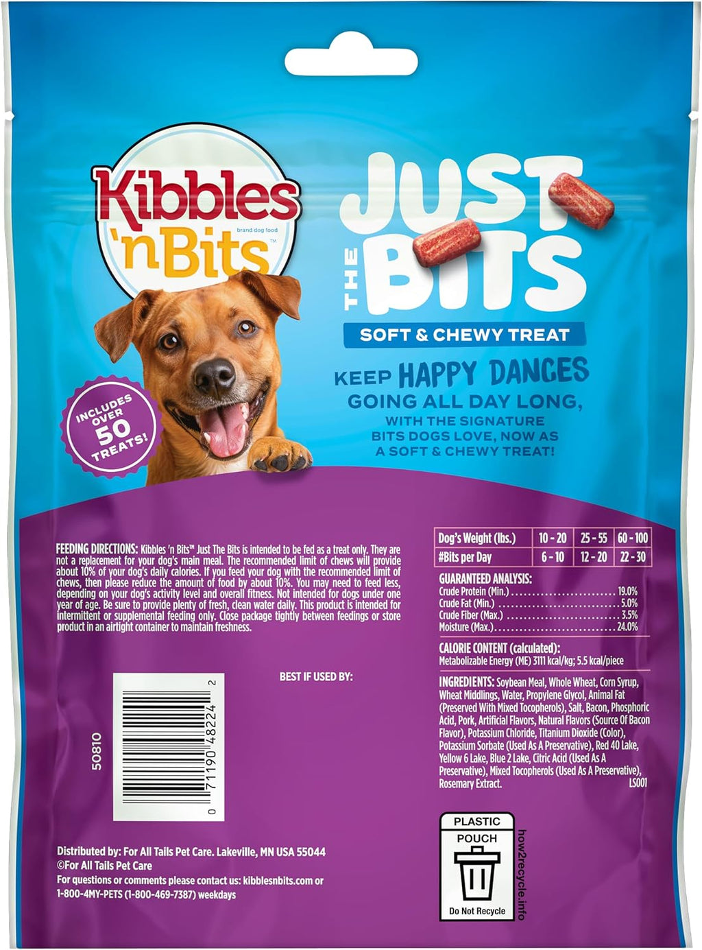 Kibbles N’ Bits Just the Bits Chewy Dog Treats, Bacon Flavor, 4.5 Oz Bag | 8-Pack of 50 Soft & Chewy Dog Treats per Bag, Made with Real Pork, Perfect for Training, Rewards and Snacking