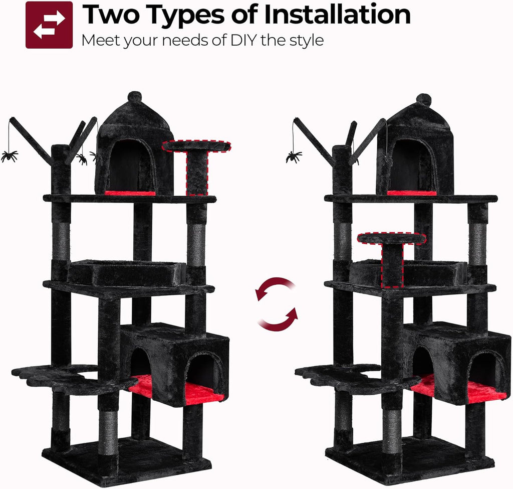 Heavy Duty Cat Tree Tower, 63 in Gothic Cat Trees with Coffin Bed | Large Goth Cat Tree for Indoor Cats, Cat Condo with Scratching Posts for Adult Cats 20 Lbs+, Tall Cat House, Black & Red