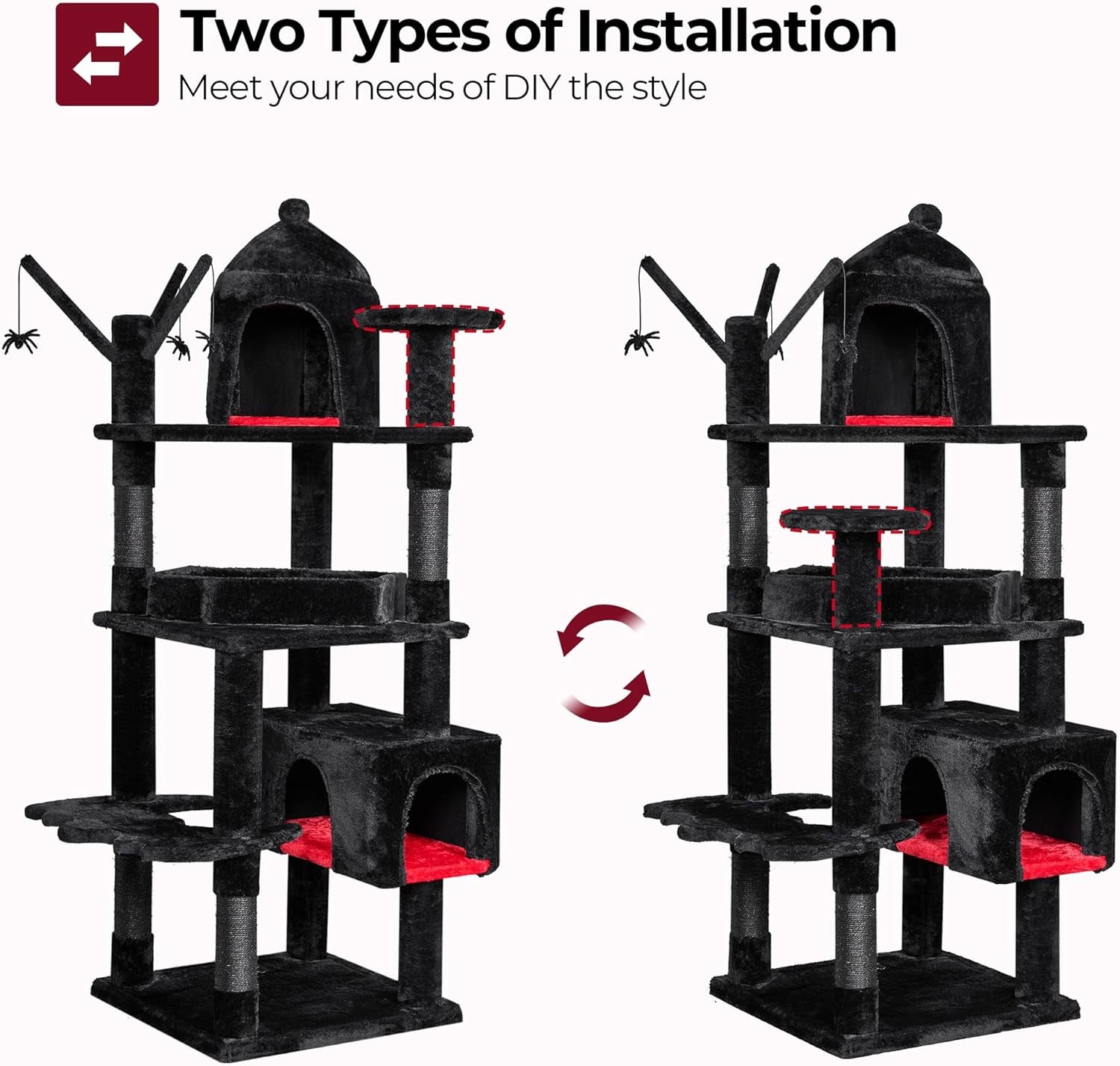 Heavy Duty Cat Tree Tower, 63 in Gothic Cat Trees with Coffin Bed | Large Goth Cat Tree for Indoor Cats, Cat Condo with Scratching Posts for Adult Cats 20 Lbs+, Tall Cat House, Black & Red
