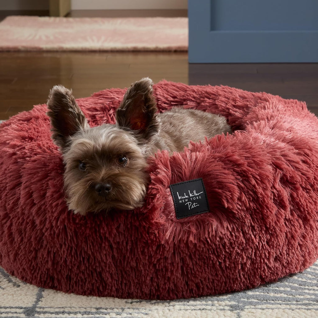 PET Ellie Fuzzy Solid Donut Pet Bed, Plush, Cozy & Calming, Non-Slip Bottom, 100% Machine Washable, Burgundy Rose, X-Small 19"X19"X7" Round