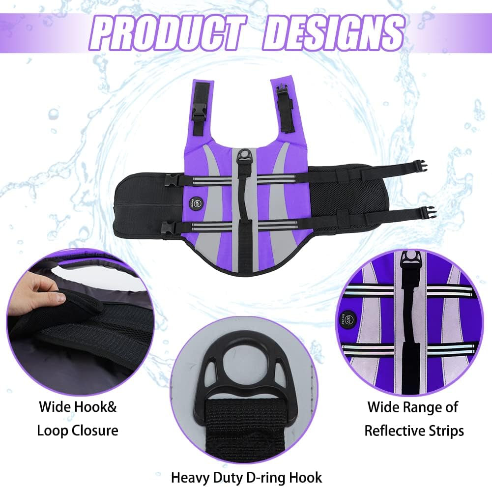 Dog Life Jacket, High Flotation Sports Style Life Vests for Dogs | Reflective Life Jacket for Small Dogs with Rescue Handle, Small Dog Vests Lifesaver for Swimming Boating Water, Purple, S