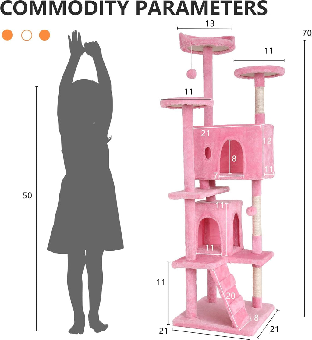 Heavy Duty Cat Tree, 70 Inch Tall Tower with 3 Top Perches Platforms & 2 Cozy Condos, Climbing Tower with Ladders & Sisal Pole, Scratching Tree for Large Cats Play House, Pink