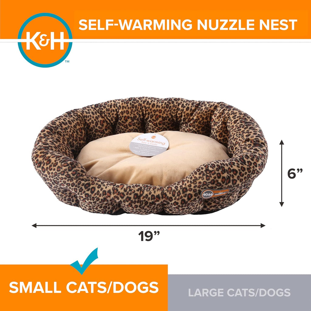 K&H Cat Bed, Self-Warming Nuzzle Nest, No Electric Needed, 19In Leopard/Tan | Self Warming Cat Bed, Soft Plush Comfortable with Supportive Bolsters, Keep Pets Warm, Also for Small Dogs, Machine Washable