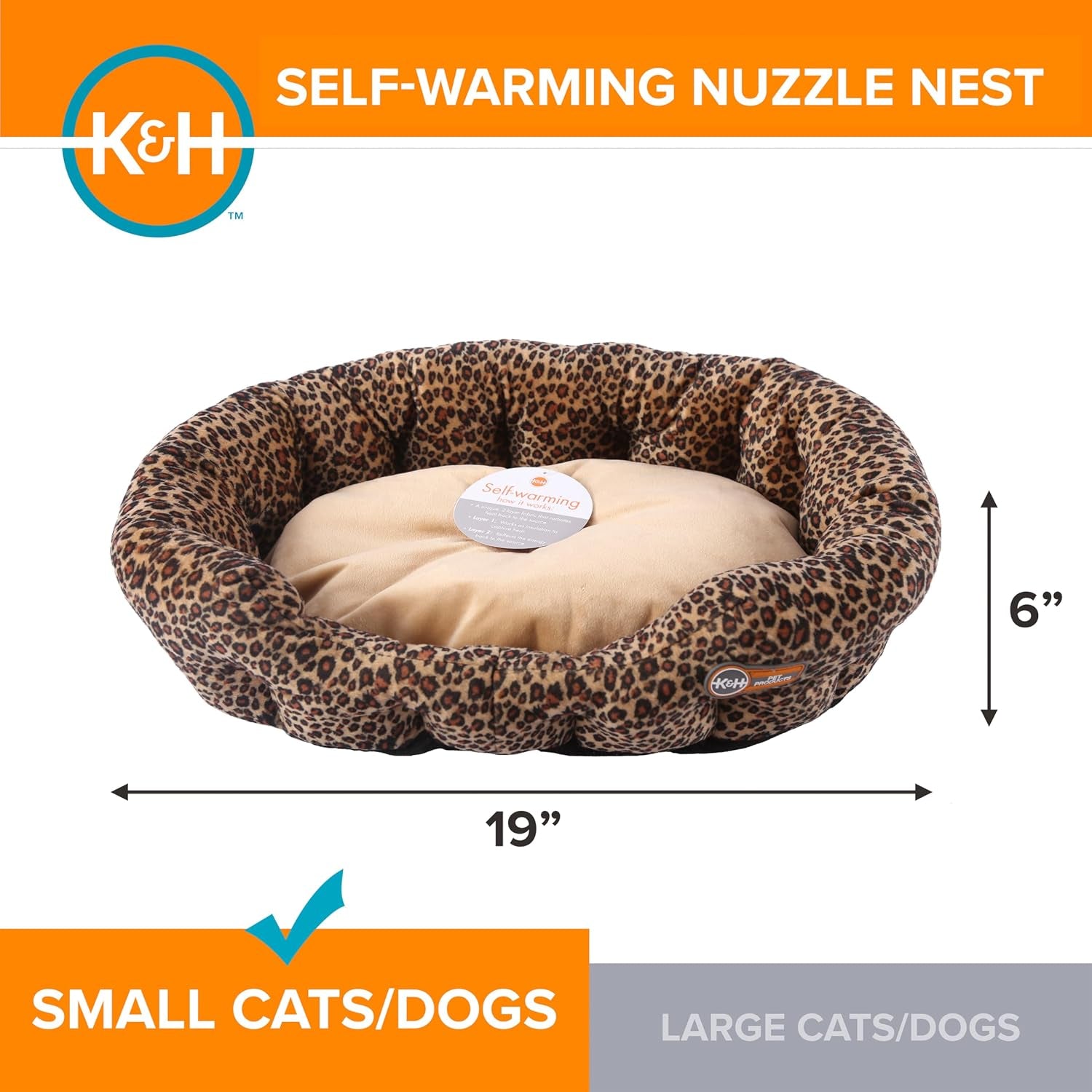 K&H Cat Bed, Self-Warming Nuzzle Nest, No Electric Needed, 19In Leopard/Tan | Self Warming Cat Bed, Soft Plush Comfortable with Supportive Bolsters, Keep Pets Warm, Also for Small Dogs, Machine Washable