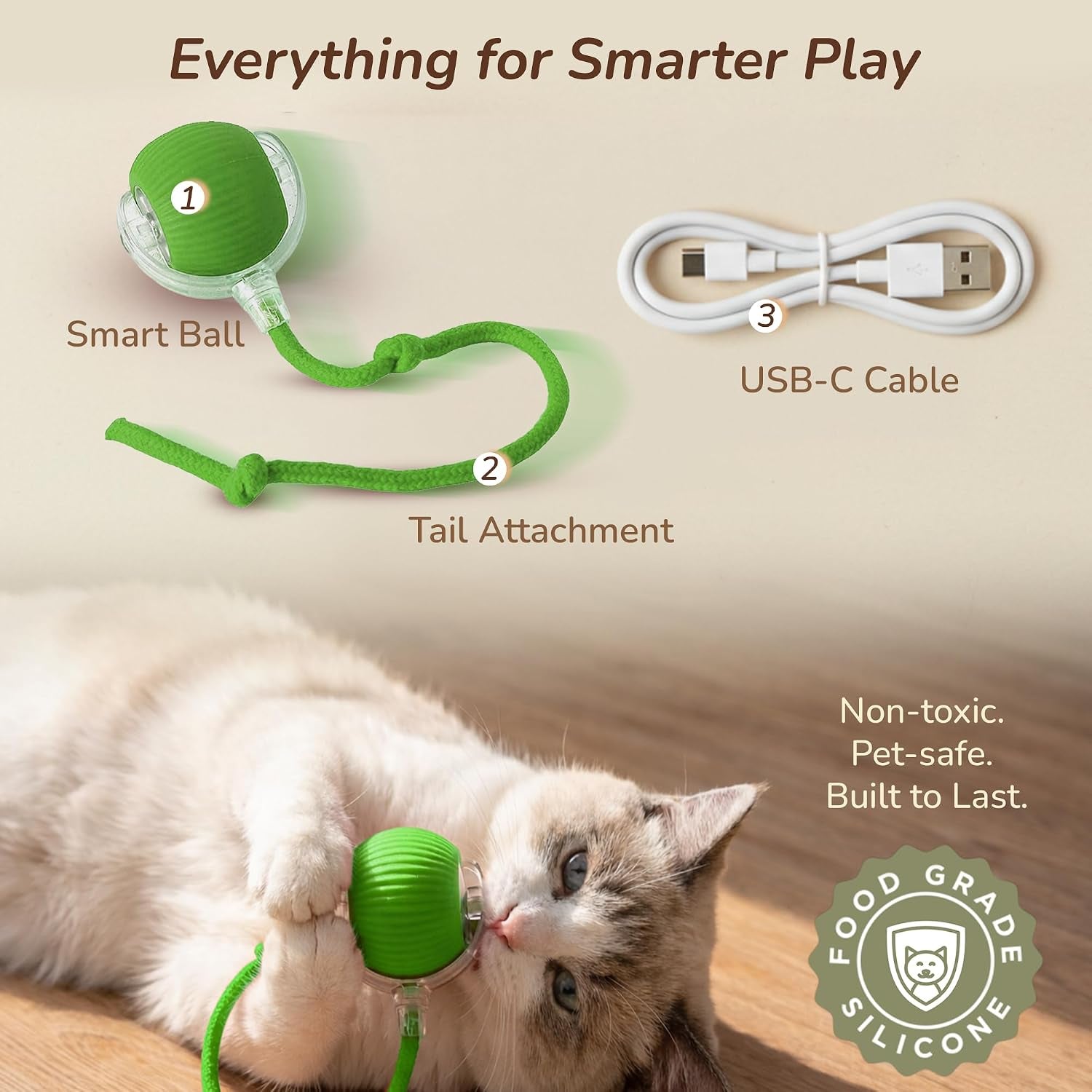 Interactive Cat Toy Automatic Moving Ball, Indoor Cats, Rechargeable, Green | Interactive Toys for Cats, Motion Activated Dog Toy for Small Dogs, 3 Speed Modes, Rechargeable, Quiet Silicone
