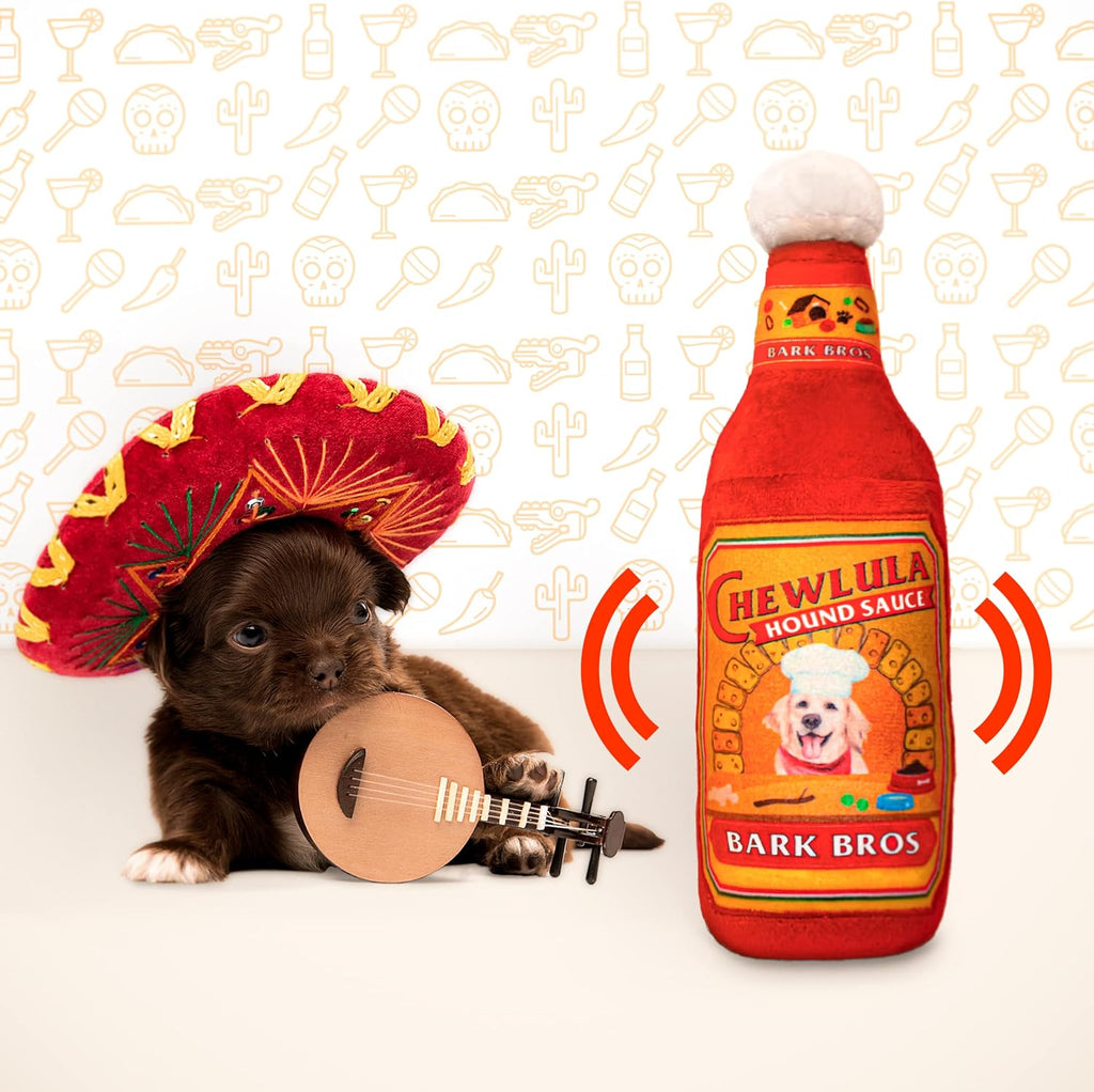 '- Sauce Bottle Dog Toy - Plush Squeaky Funny Parody for Birthday - Cute Puppy Gifts for Small, Medium, Large Dogs (Chewlula)