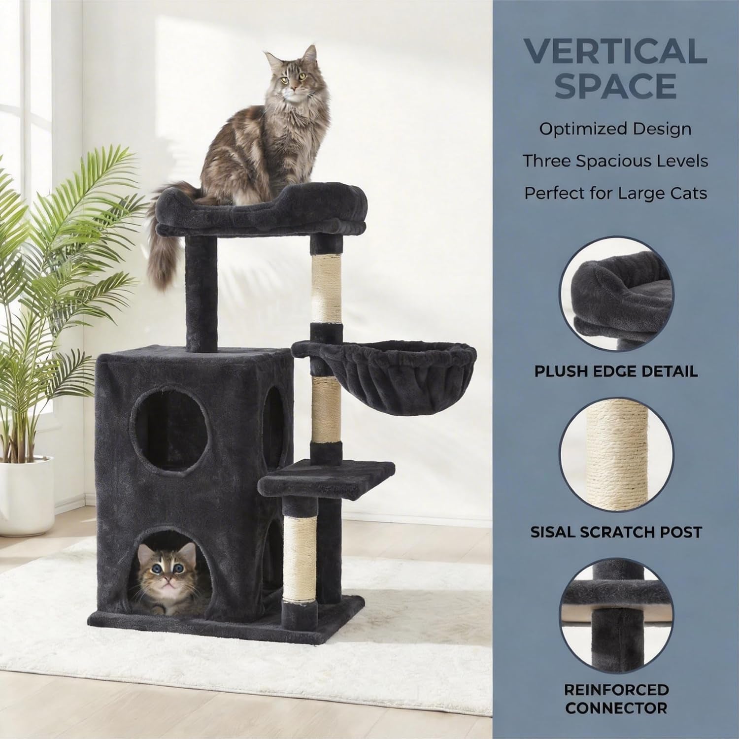 Cat Tree Tower for Indoor Cats, 36-Inch Adult Cat Tree House for Large Adult Cats with Steps, Scratching Post, 2 Cat Condo, Dangling Toys, Dark Grey