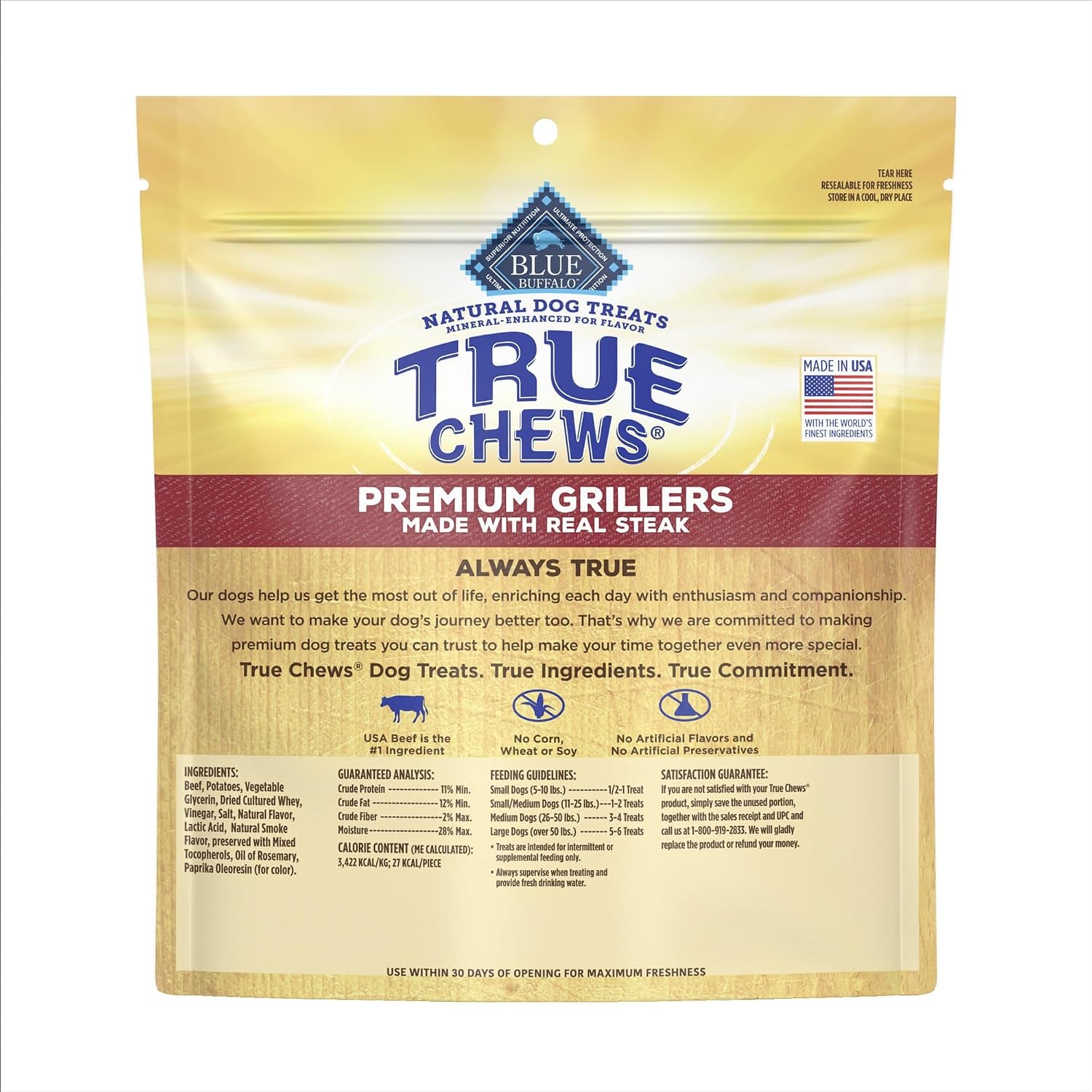 True Chews Premium Grillers Steak Dog Treats, 20 Oz | Real Beef First, Charred Grilled Texture, No Chicken By-Product, Corn, Wheat, or Soy
