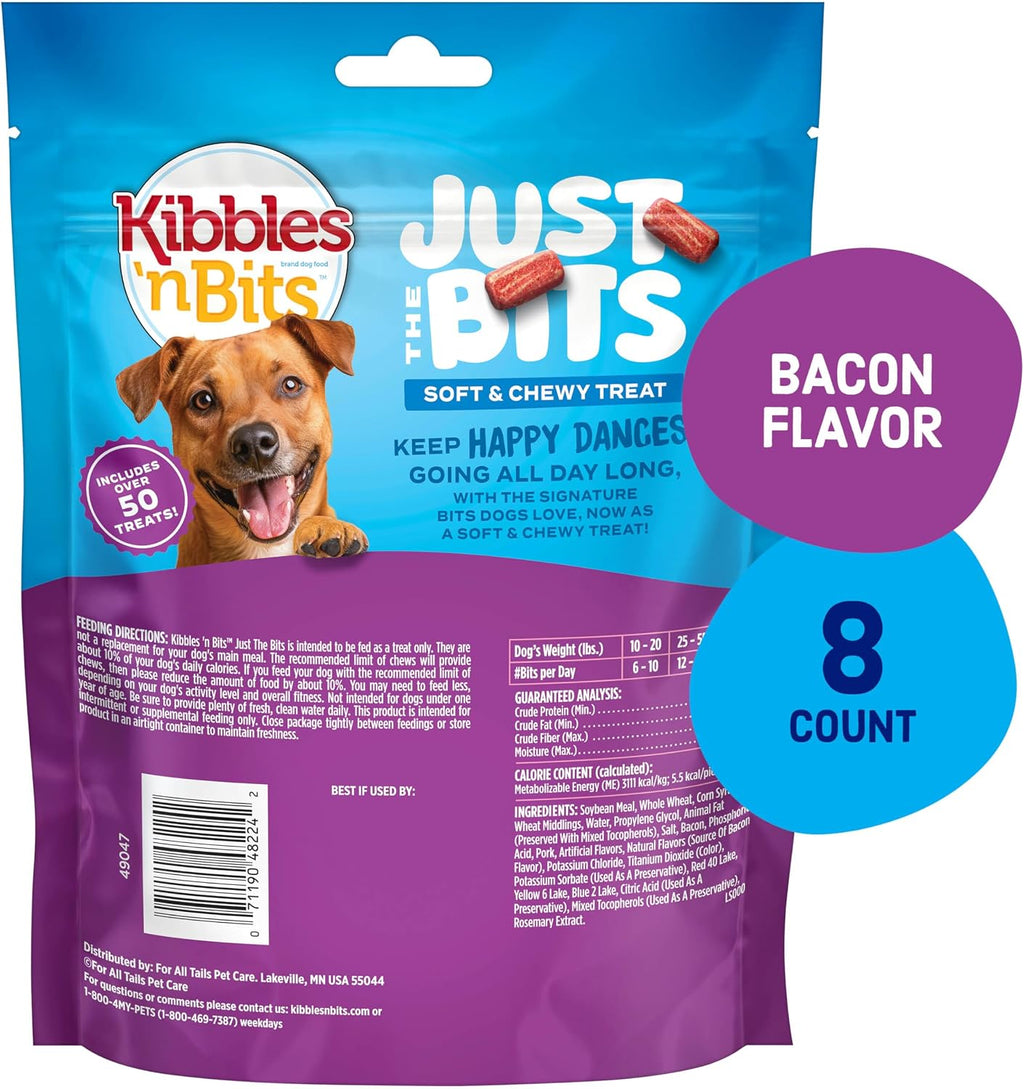 Kibbles N’ Bits Just the Bits Chewy Dog Treats, Bacon Flavor, 4.5 Oz Bag | 8-Pack of 50 Soft & Chewy Dog Treats per Bag, Made with Real Pork, Perfect for Training, Rewards and Snacking