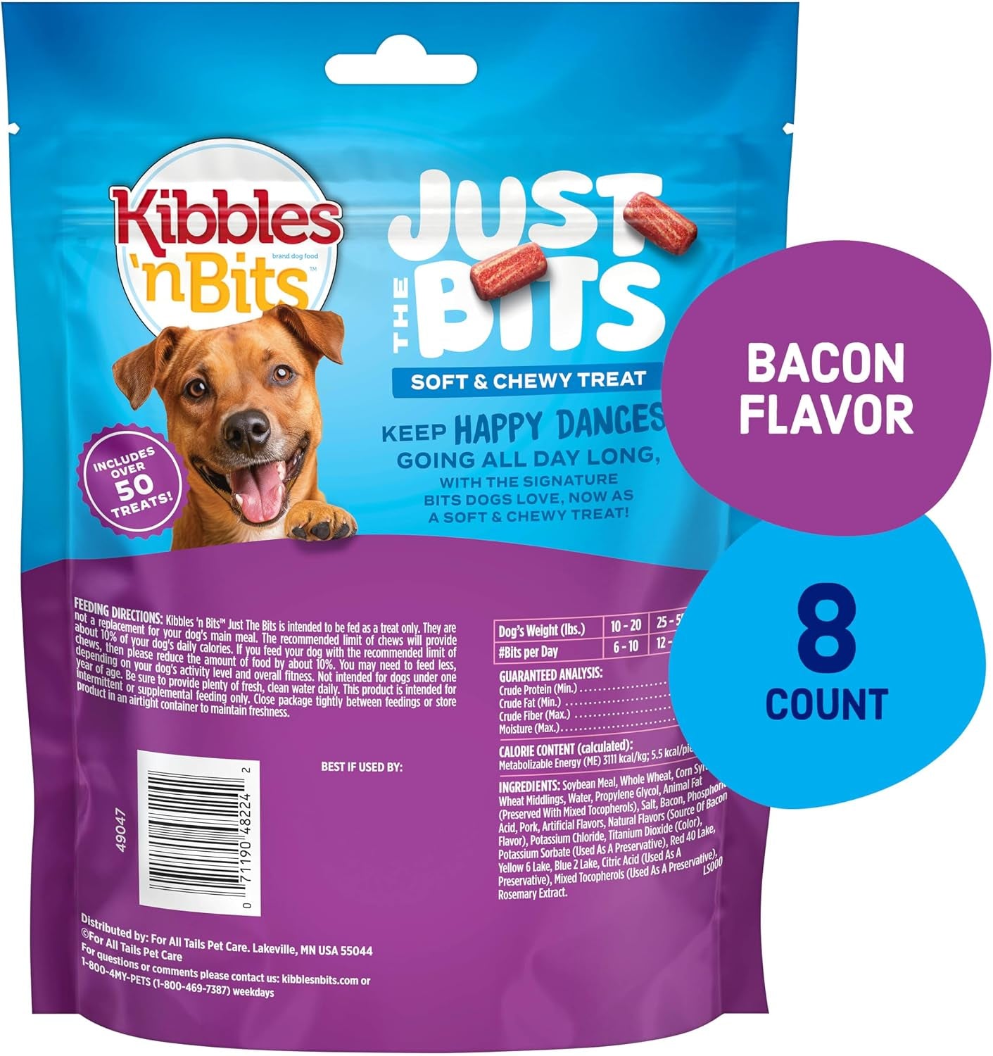 Kibbles N’ Bits Just the Bits Chewy Dog Treats, Bacon Flavor, 4.5 Oz Bag | 8-Pack of 50 Soft & Chewy Dog Treats per Bag, Made with Real Pork, Perfect for Training, Rewards and Snacking
