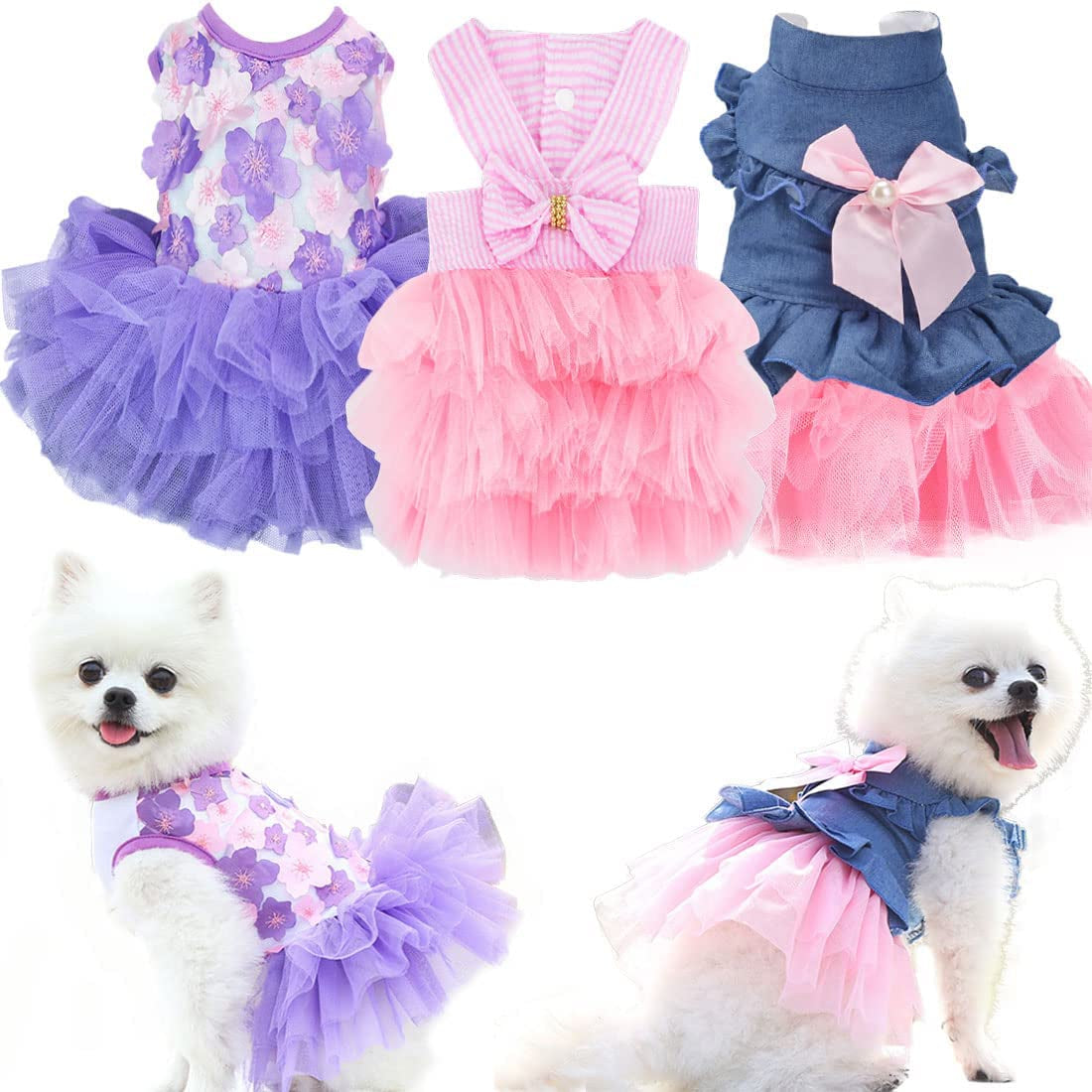 Sets of 3 Dog Dresses for Small Dogs Chihuahua Clothes Outfits for Dogs Summer Tutu Costume Female Apparel Accessories for Tea Cup Maltese (Small)