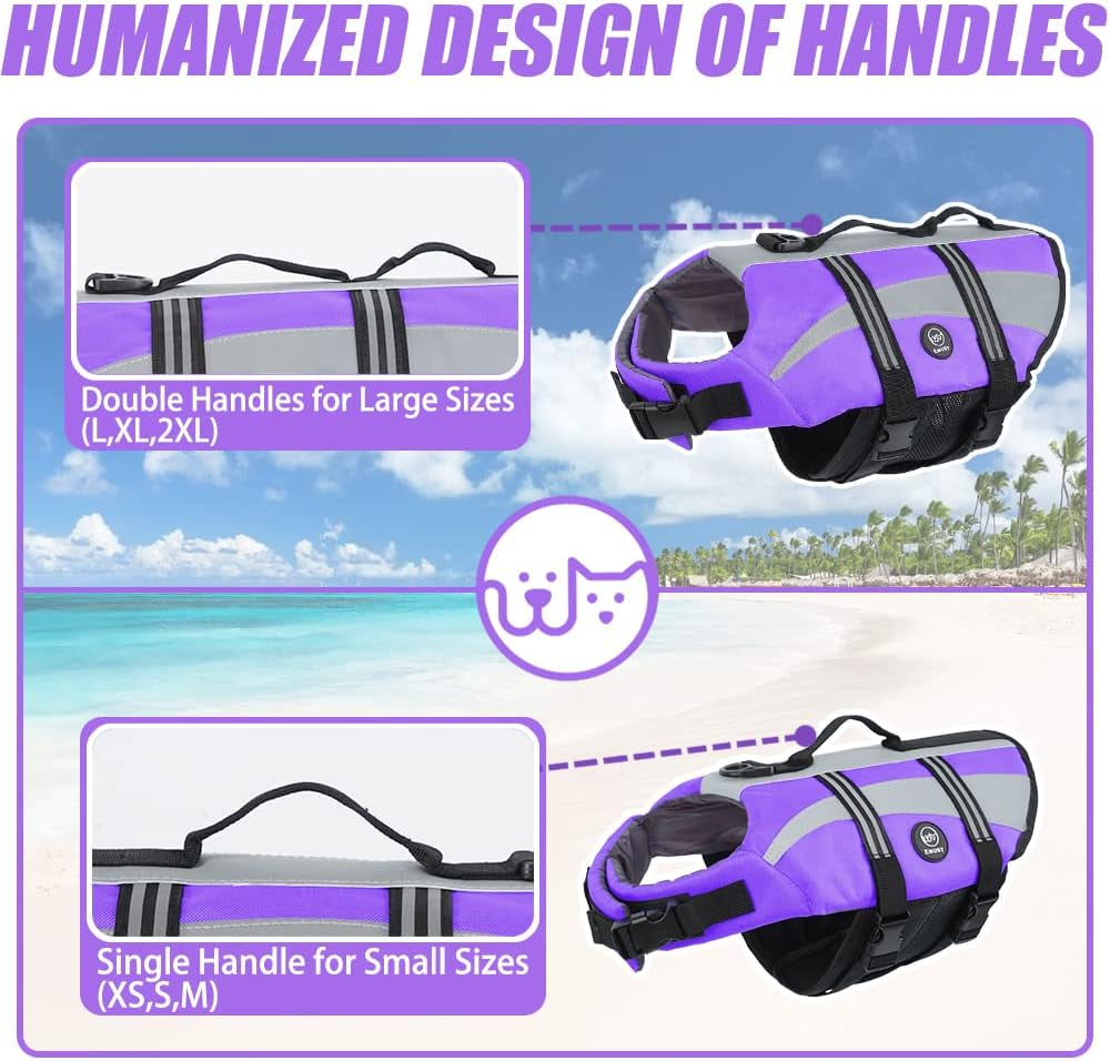 Dog Life Jacket, High Flotation Sports Style Life Vests for Dogs | Reflective Life Jacket for Small Dogs with Rescue Handle, Small Dog Vests Lifesaver for Swimming Boating Water, Purple, S