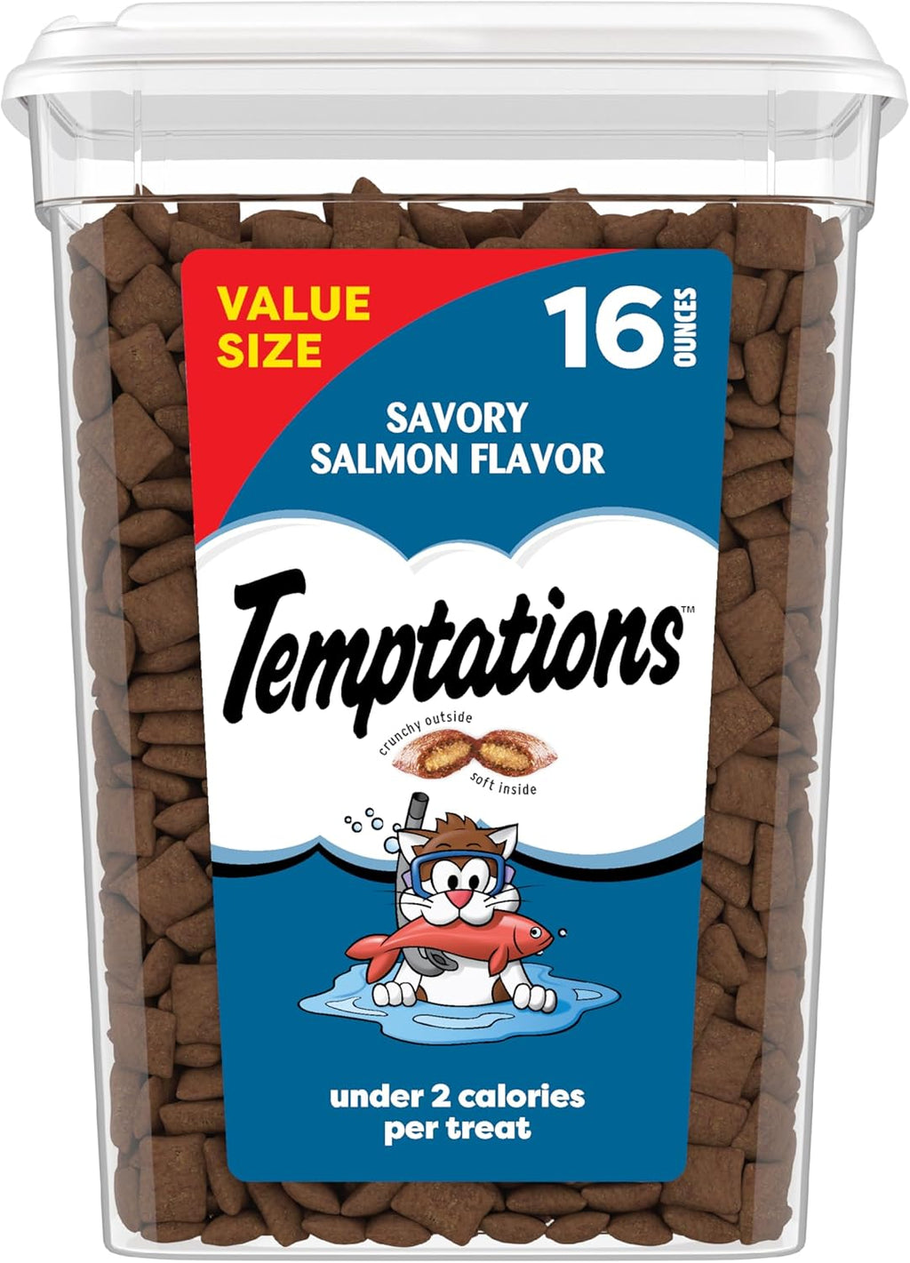Classic Crunchy and Soft Cat Treats, Savory Salmon, 16 Oz | Crunchy Outside, Soft Inside, under 2 Calories per Treat, 100% Complete & Balanced for Adult Cats, Stay-Fresh Resealable Tub