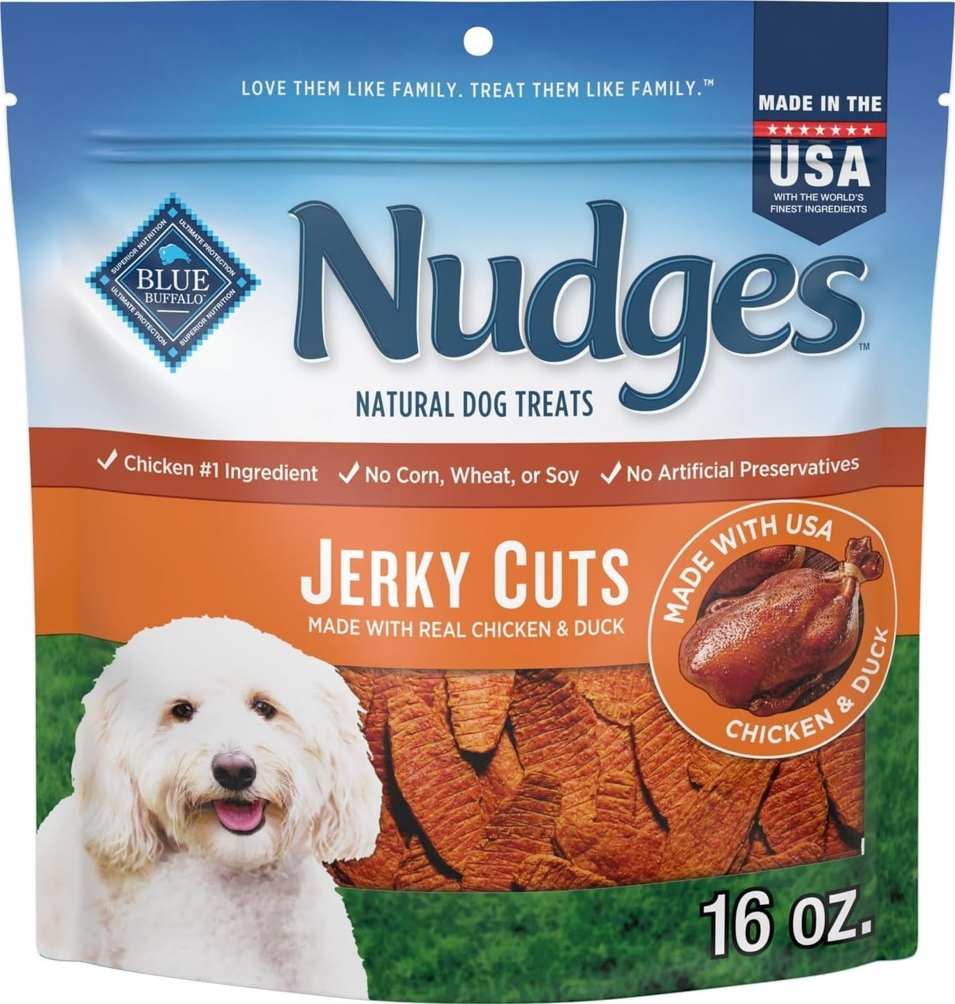 Nudges Jerky Cuts Chicken & Duck Dog Treats, 16 Oz | Real Chicken & Duck First, Made in the USA, No Corn, Wheat, or Soy