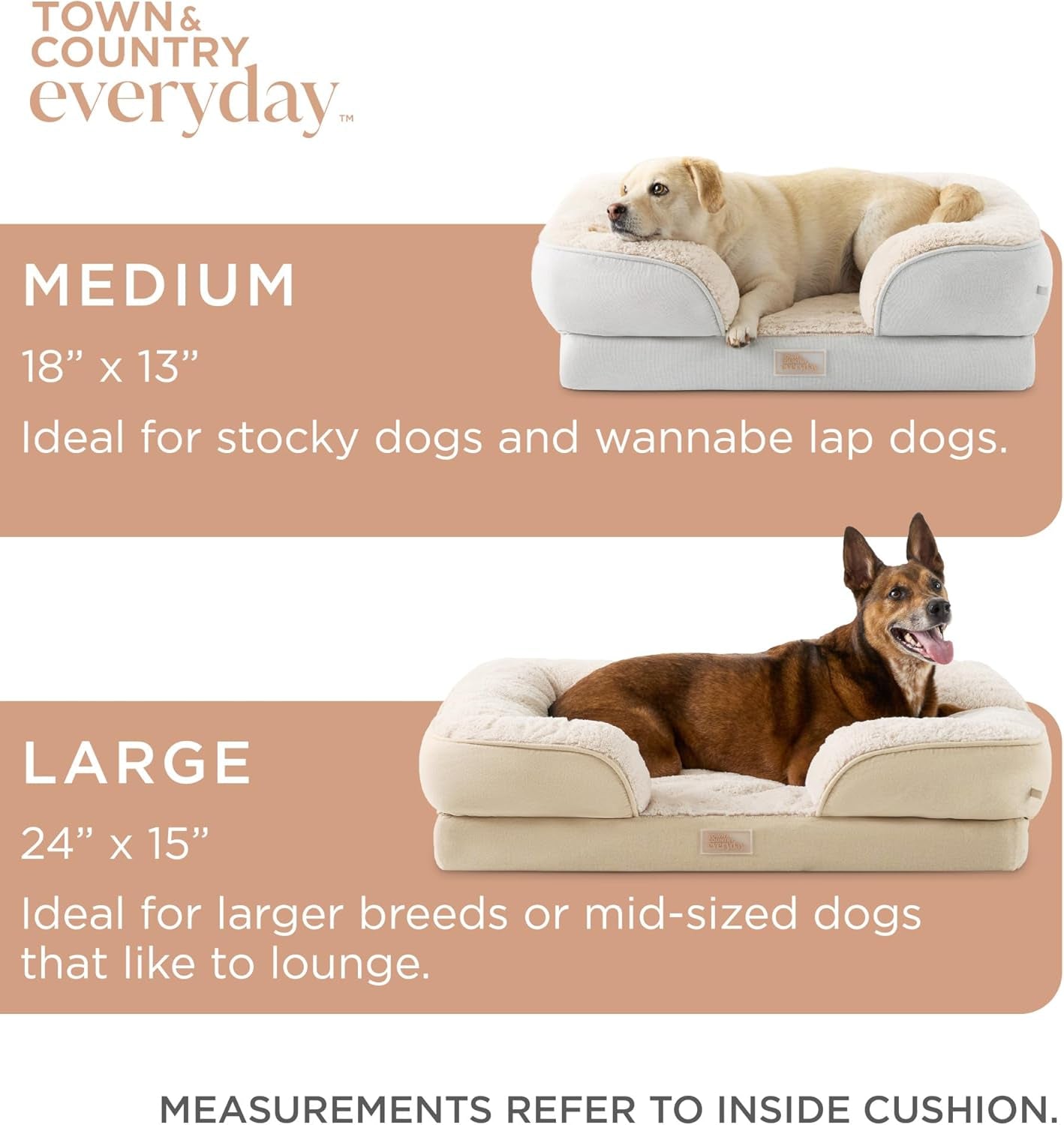 Cuddletown Comfy Solid Bolster Sofa Pet Bed, Supportive & Calming Egg Crate Foam, Non-Slip Bottom, Machine Washable Cover, Warm Taupe, Large 35"X25"X8"