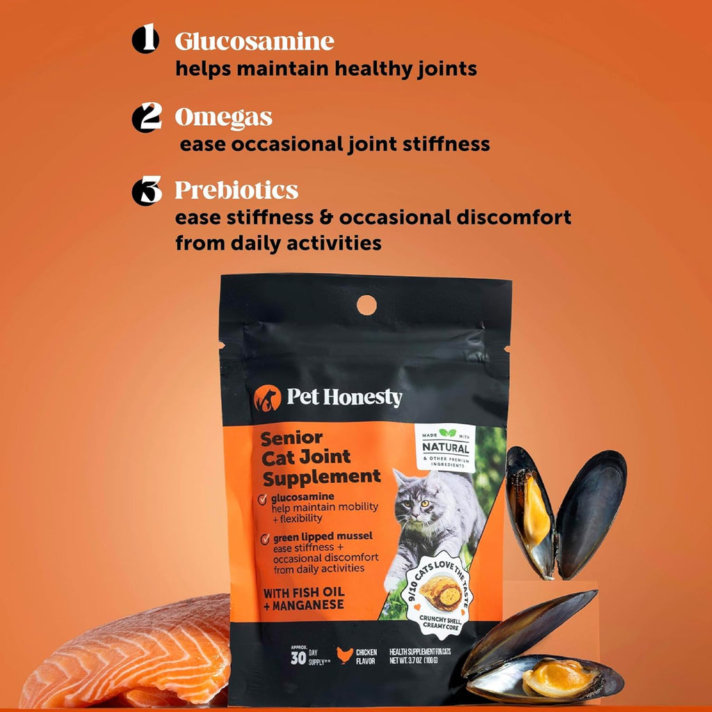Senior Cat Joint Supplement Crunchy Creamy Hip + Joint for Cats - Ease Mobility Stiffness with Glucosamine Chondroitin, Green Lipped Mussel, Flexibility + Joint Support Chews (30-Day Supply)