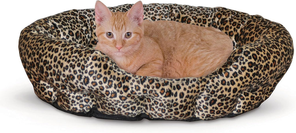 K&H Cat Bed, Self-Warming Nuzzle Nest, No Electric Needed, 19In Leopard/Tan | Self Warming Cat Bed, Soft Plush Comfortable with Supportive Bolsters, Keep Pets Warm, Also for Small Dogs, Machine Washable