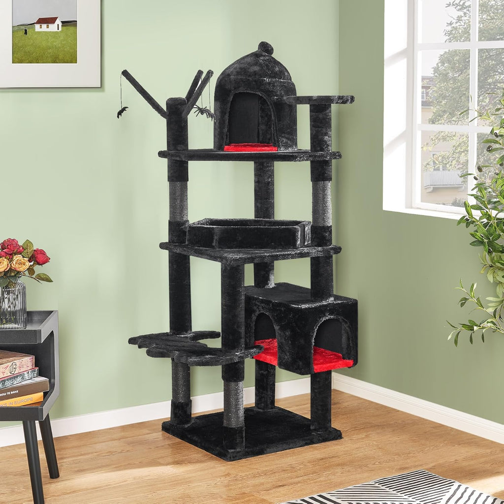 Heavy Duty Cat Tree Tower, 63 in Gothic Cat Trees with Coffin Bed | Large Goth Cat Tree for Indoor Cats, Cat Condo with Scratching Posts for Adult Cats 20 Lbs+, Tall Cat House, Black & Red
