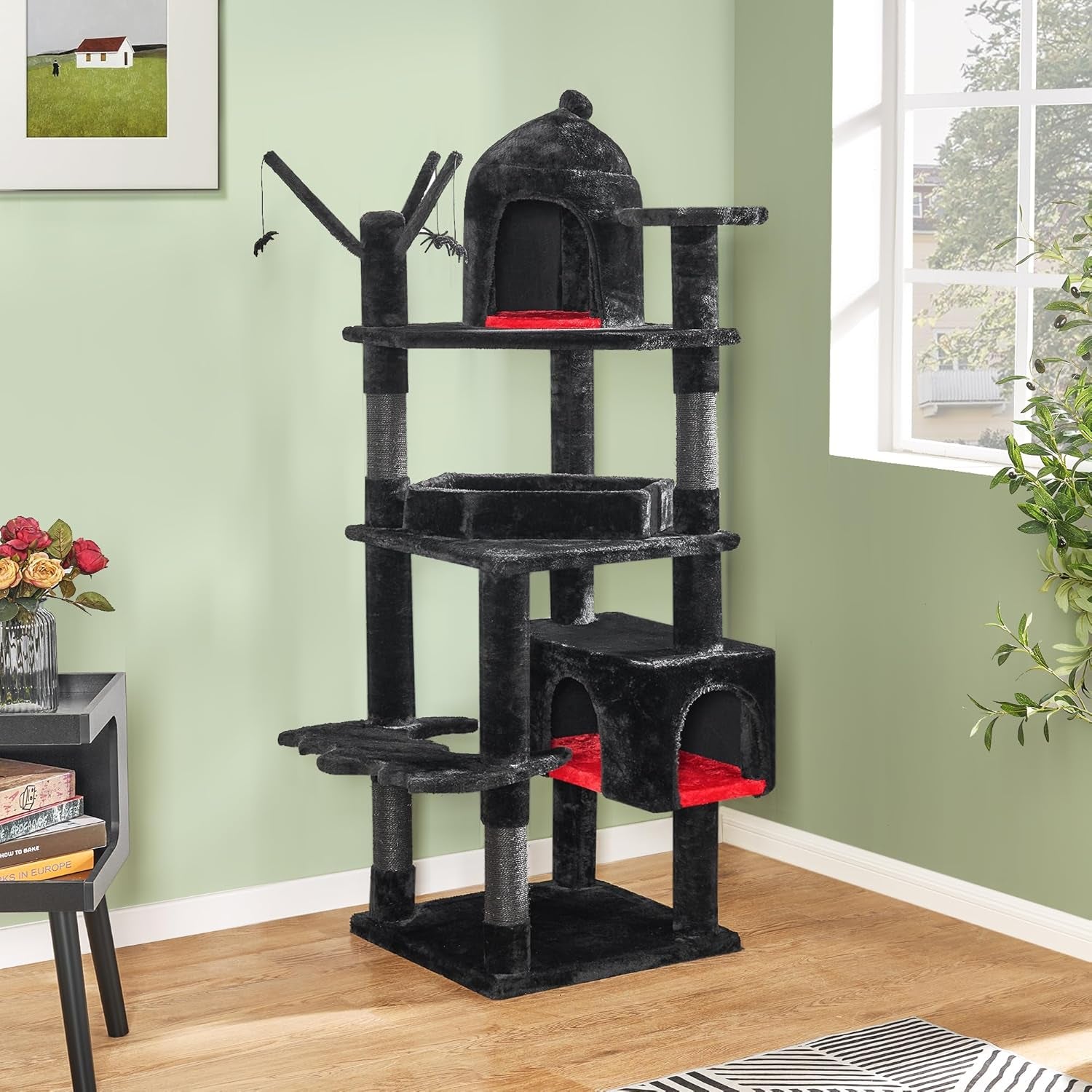 Heavy Duty Cat Tree Tower, 63 in Gothic Cat Trees with Coffin Bed | Large Goth Cat Tree for Indoor Cats, Cat Condo with Scratching Posts for Adult Cats 20 Lbs+, Tall Cat House, Black & Red