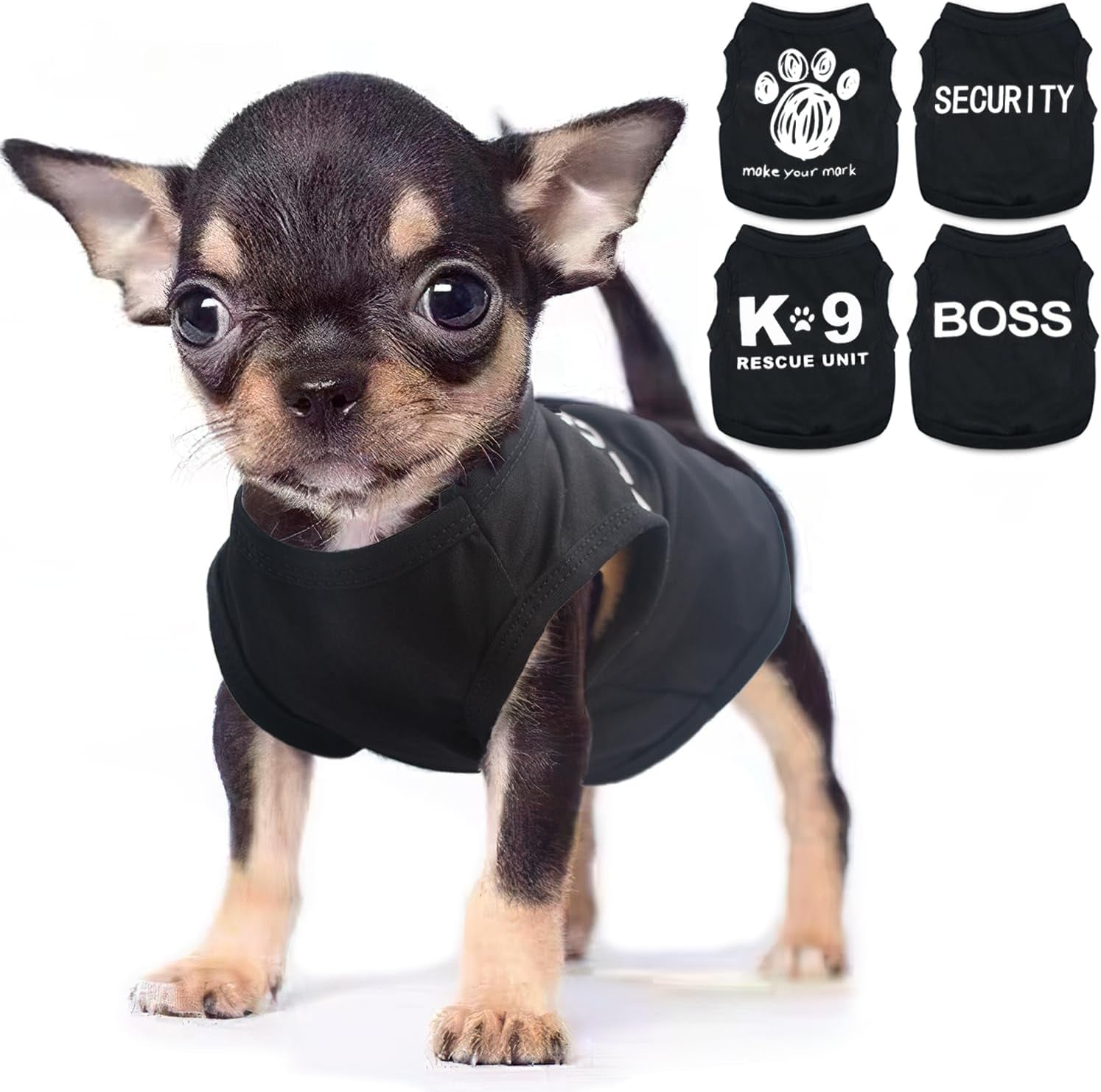 4-Pack Dog Clothes for Small Dogs Boy Male Summer Black Letter Security Puppy Shirts Cute Cool Breathable Clothes for Chihuahua Yorkie Shih Tzu Dachshund Pet Cat Outfit Clothing, Medium