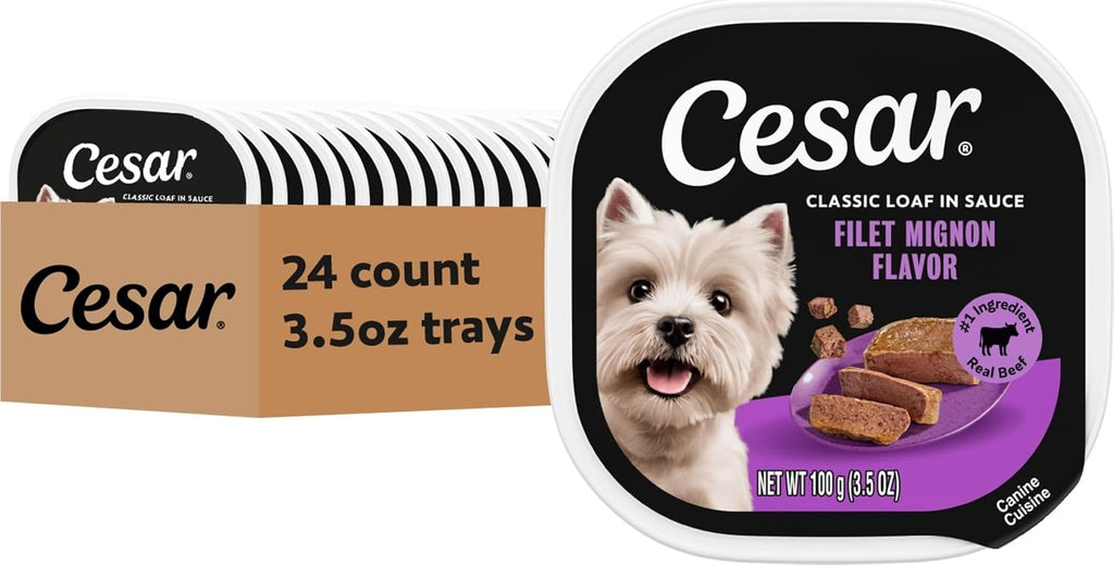 Classic Loaf in Sauce Wet Dog Food, Filet Mignon, 3.5 Oz, 24 Count | Made in USA, Real Beef #1 Ingredient, No Fillers/Added Sugar/Artificial Flavors, Use as Meal or Topper, Easy Peel Trays
