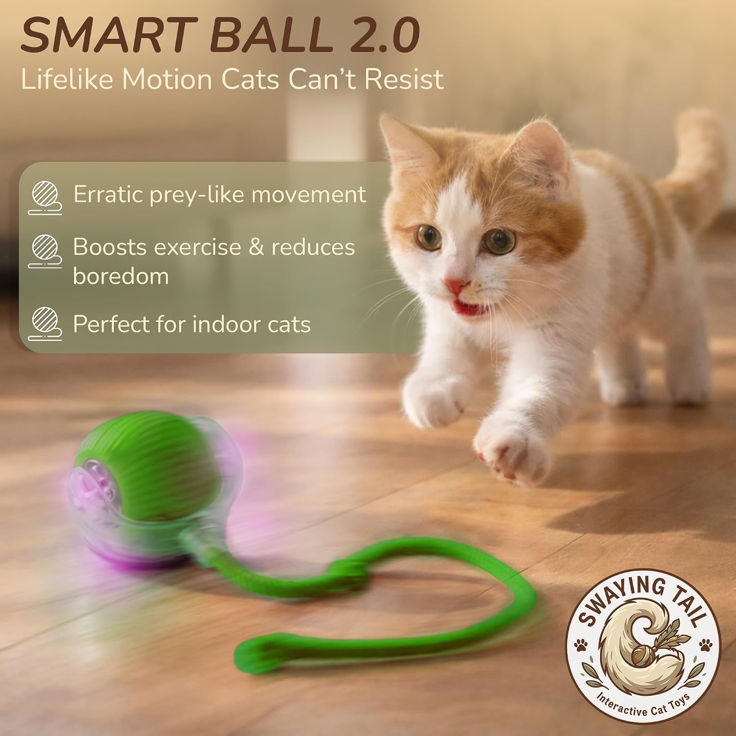 Interactive Cat Toy Automatic Moving Ball, Indoor Cats, Rechargeable, Green | Interactive Toys for Cats, Motion Activated Dog Toy for Small Dogs, 3 Speed Modes, Rechargeable, Quiet Silicone