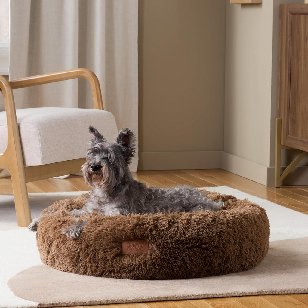 Cuddletown Fuzzy Solid Donut Pet Bed, Soft, Cozy & Calming, Water Repellent, Non-Slip Bottom, 100% Machine Washable, Dark Grey, Medium 28"X28"X7" Round