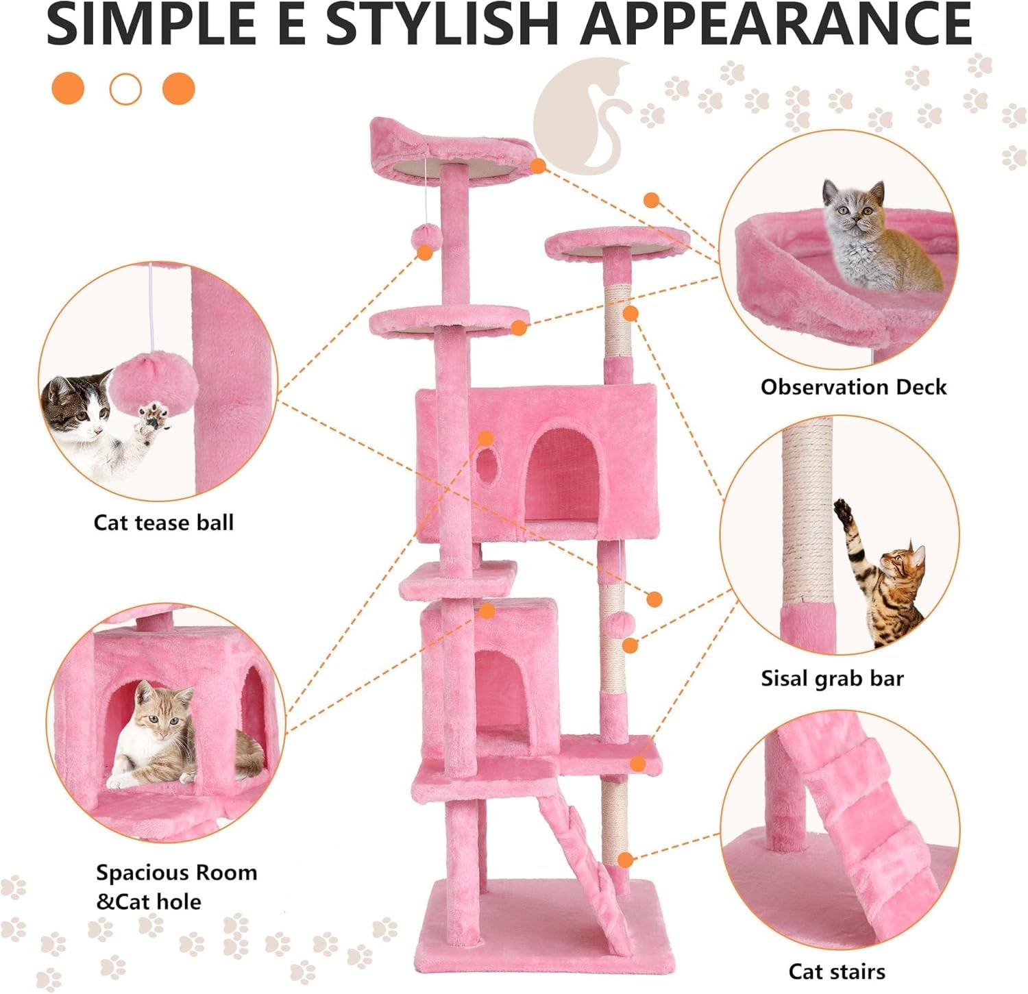Heavy Duty Cat Tree, 70 Inch Tall Tower with 3 Top Perches Platforms & 2 Cozy Condos, Climbing Tower with Ladders & Sisal Pole, Scratching Tree for Large Cats Play House, Pink