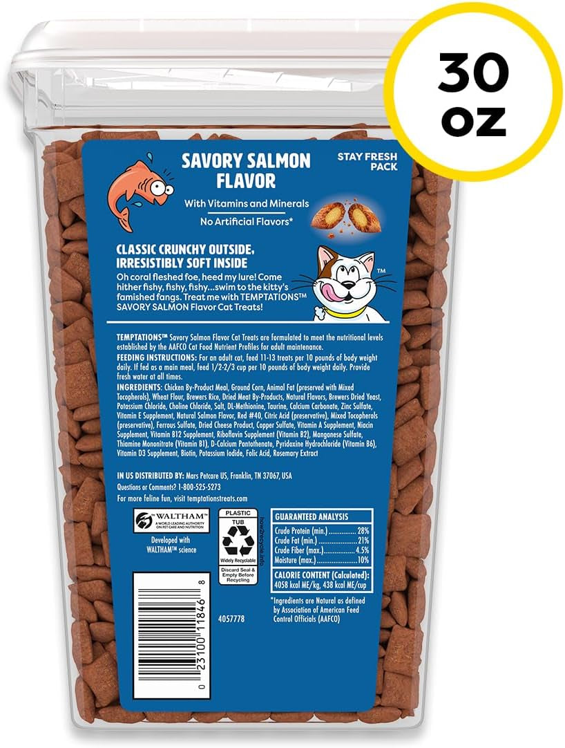 Classic Crunchy and Soft Cat Treats, Savory Salmon, 30 Oz | Crunchy Outside, Soft Inside, under 2 Calories per Treat, 100% Complete & Balanced for Adult Cats, Resealable Stay-Fresh Tub