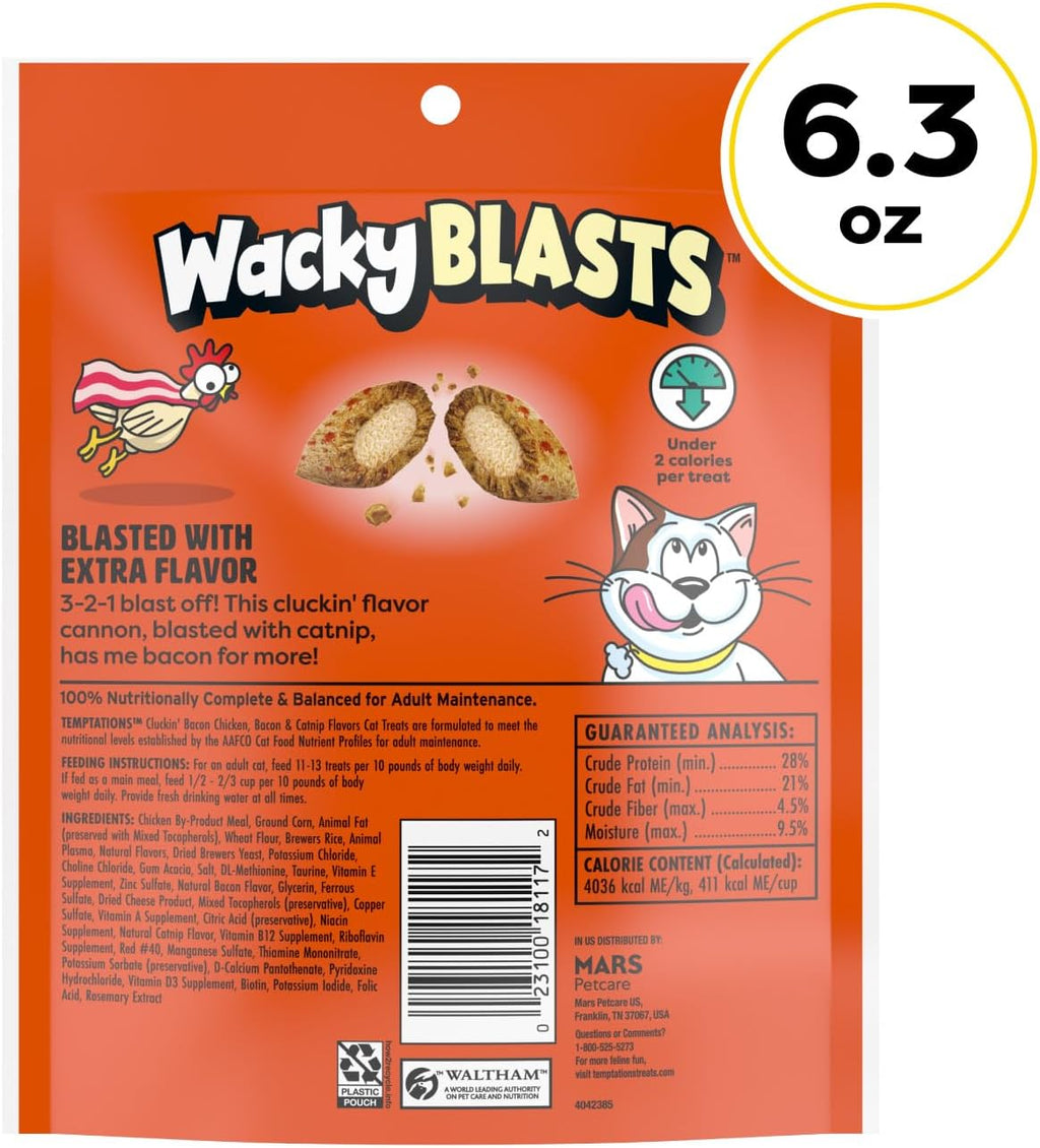 Wacky Blasts Cat Treats, Cluckin' Bacon Flavor, 6.3 Oz, 10 Pack | Chicken, Bacon & Catnip Flavor Bits, Crunchy Outside, Soft Inside, under 2 Cal, 100% Complete & Balanced, Resealable Pouch