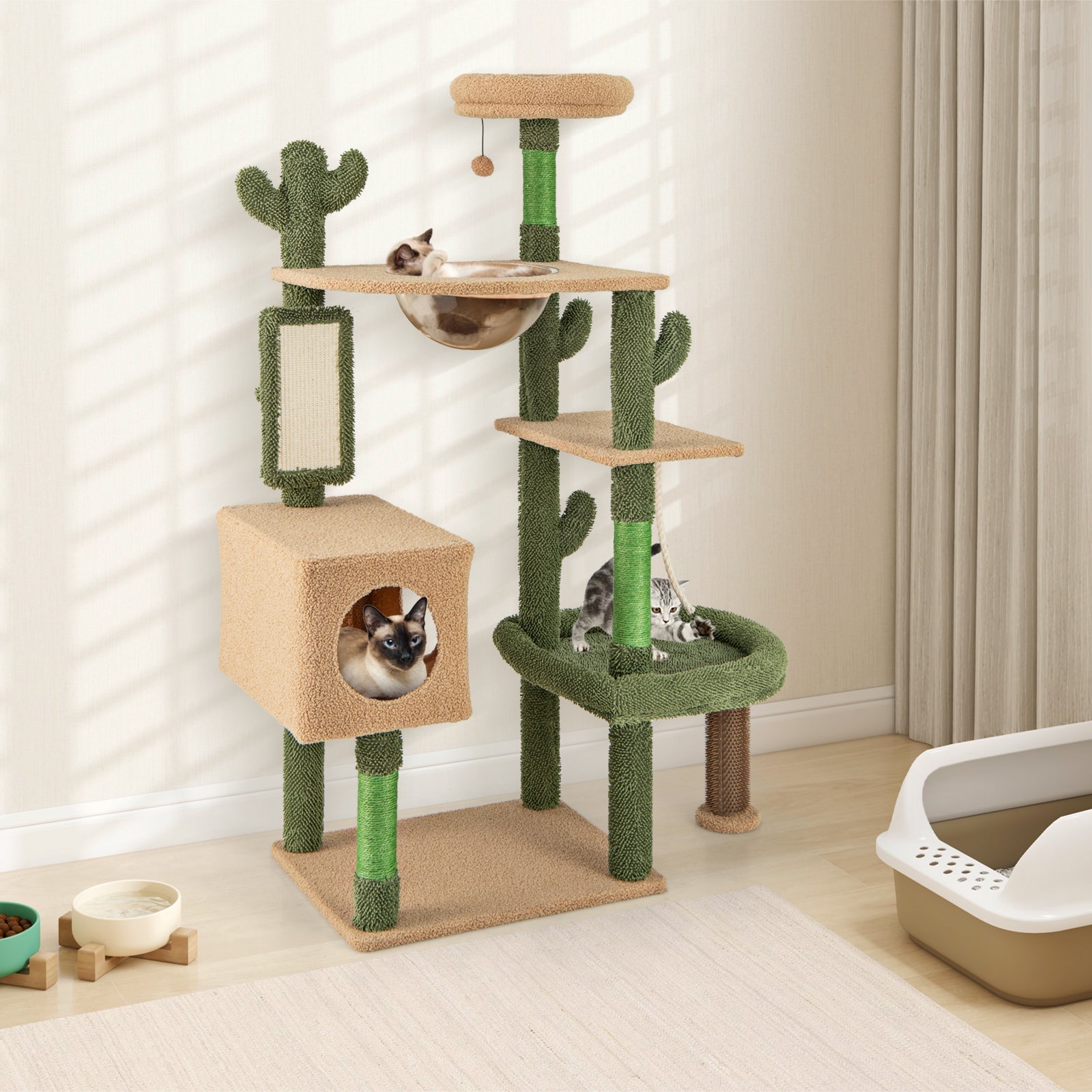 59" Multilevel Cactus Cat Tree – Scratching Posts, Toy & Rope