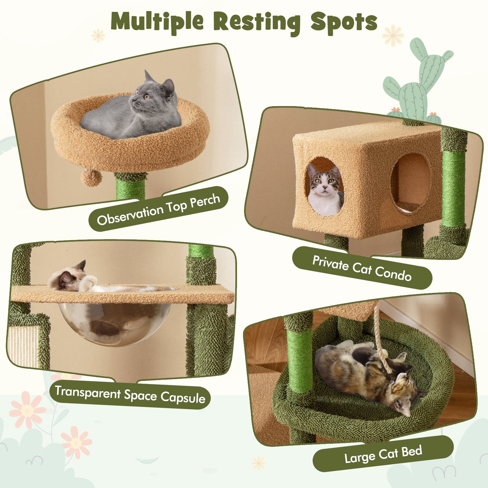 59" Multilevel Cactus Cat Tree – Scratching Posts, Toy & Rope