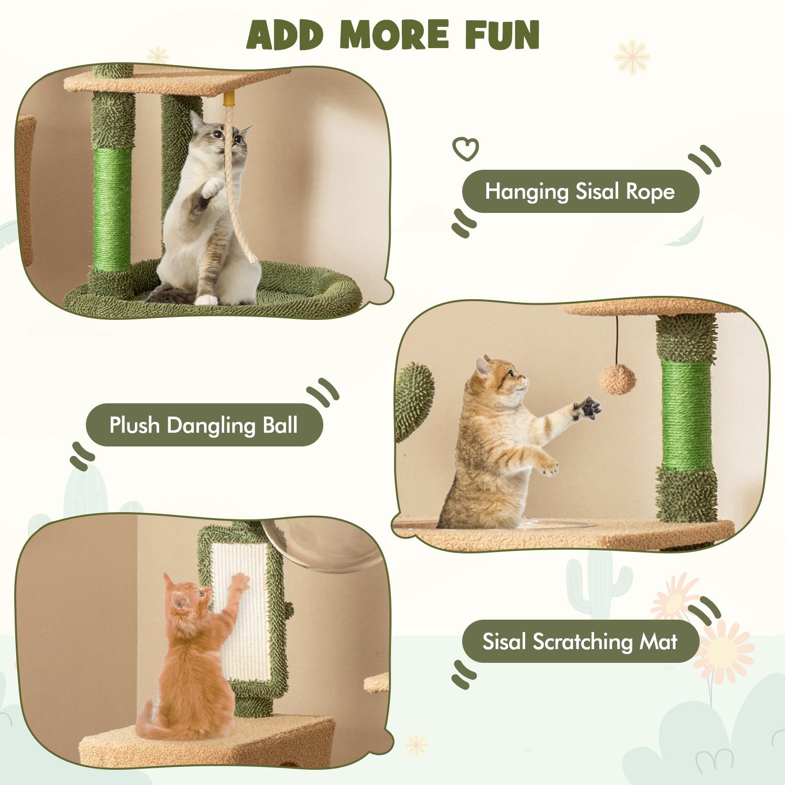 59" Multilevel Cactus Cat Tree – Scratching Posts, Toy & Rope