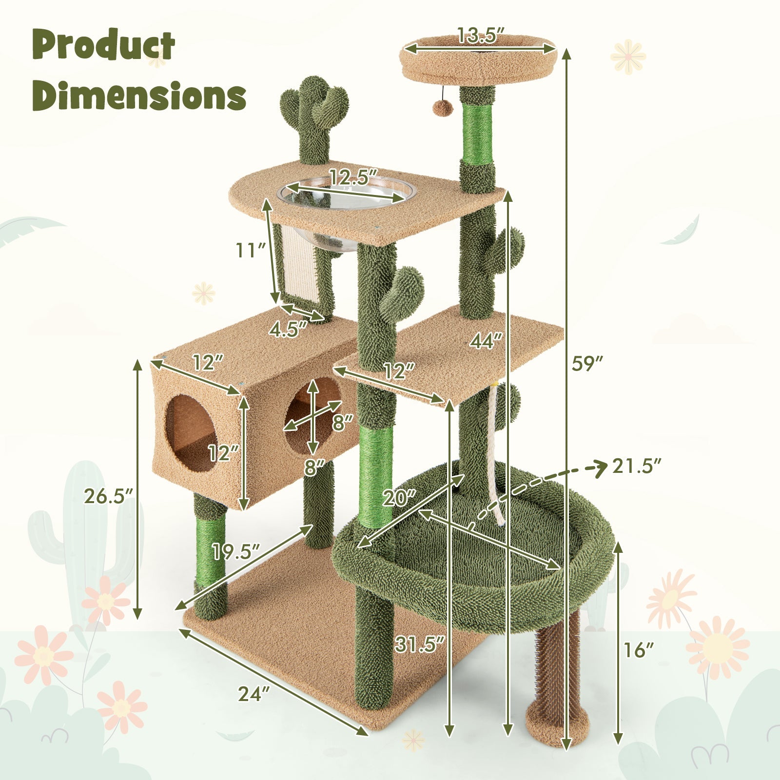 59" Multilevel Cactus Cat Tree – Scratching Posts, Toy & Rope