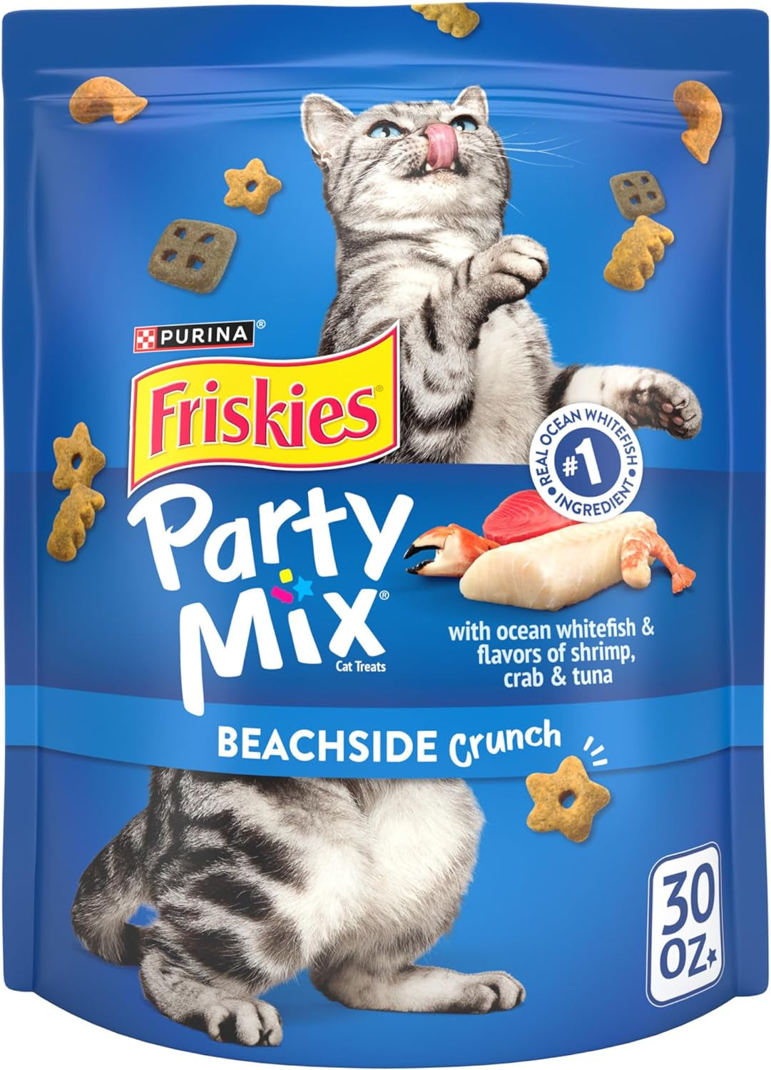Purina Party Mix Beachside Crunch Treats, 30 Oz Pouch | Made with Real Ocean Whitefish as the Number One Ingredient, with Shrimp, Crab and Tuna Flavors in Every Bite for Adult Cats