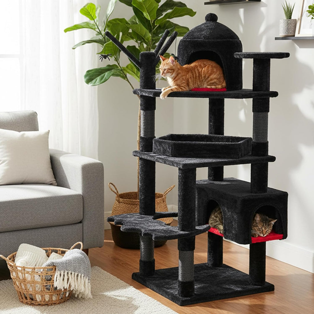 Heavy Duty Cat Tree Tower, 63 in Gothic Cat Trees with Coffin Bed | Large Goth Cat Tree for Indoor Cats, Cat Condo with Scratching Posts for Adult Cats 20 Lbs+, Tall Cat House, Black & Red