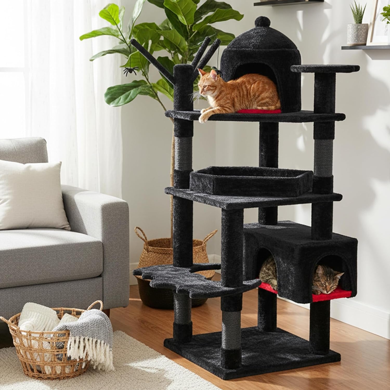 Heavy Duty Cat Tree Tower, 63 in Gothic Cat Trees with Coffin Bed | Large Goth Cat Tree for Indoor Cats, Cat Condo with Scratching Posts for Adult Cats 20 Lbs+, Tall Cat House, Black & Red