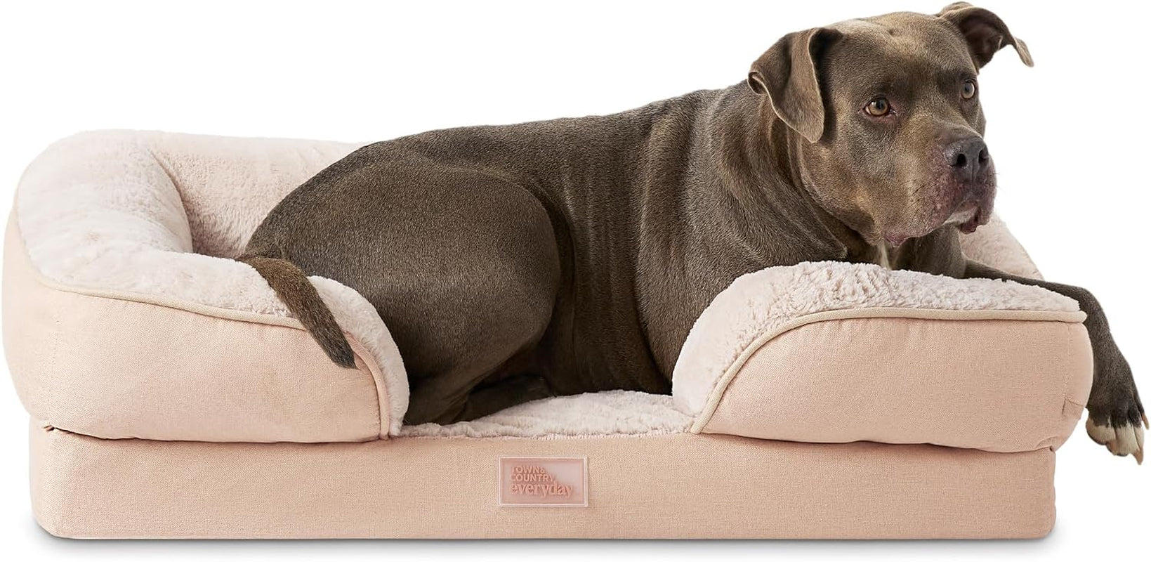 Cuddletown Comfy Solid Bolster Sofa Pet Bed, Supportive & Calming Egg Crate Foam, Non-Slip Bottom, Machine Washable Cover, Warm Taupe, Large 35"X25"X8"