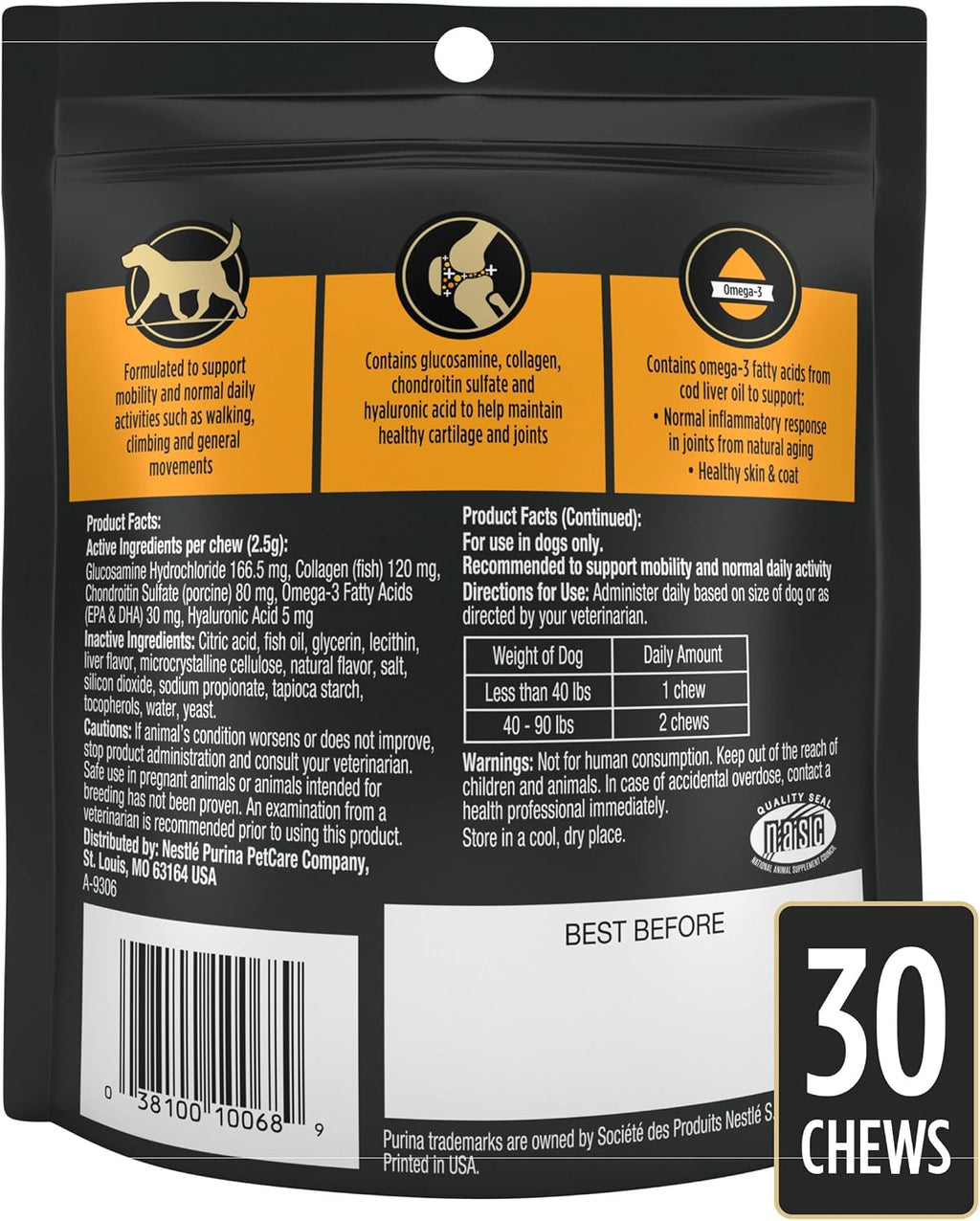 Joint Care Small Breed Dog Joint Supplement with Glucosamine Chondroitin Collagen and Hyaluronic Acid for Mobility Support, 30 Count