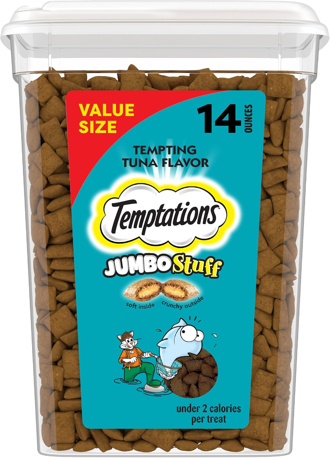 Jumbo Stuff Crunchy & Soft Cat Treats, Tuna, 14 Oz | Crunchy Outside, Soft Inside, under 2 Calories per Treat, Resealable Stay-Fresh Tub, 100% Complete & Balanced