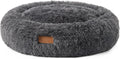 Cuddletown Fuzzy Solid Donut Pet Bed, Soft, Cozy & Calming, Water Repellent, Non-Slip Bottom, 100% Machine Washable, Dark Grey, Medium 28"X28"X7" Round