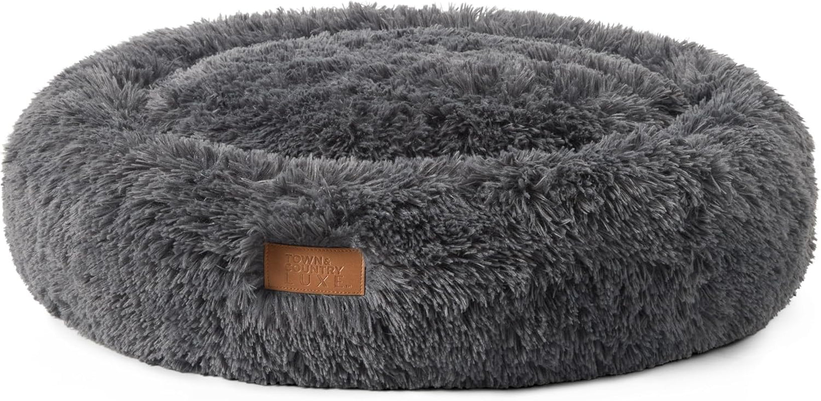 Cuddletown Fuzzy Solid Donut Pet Bed, Soft, Cozy & Calming, Water Repellent, Non-Slip Bottom, 100% Machine Washable, Dark Grey, Medium 28"X28"X7" Round