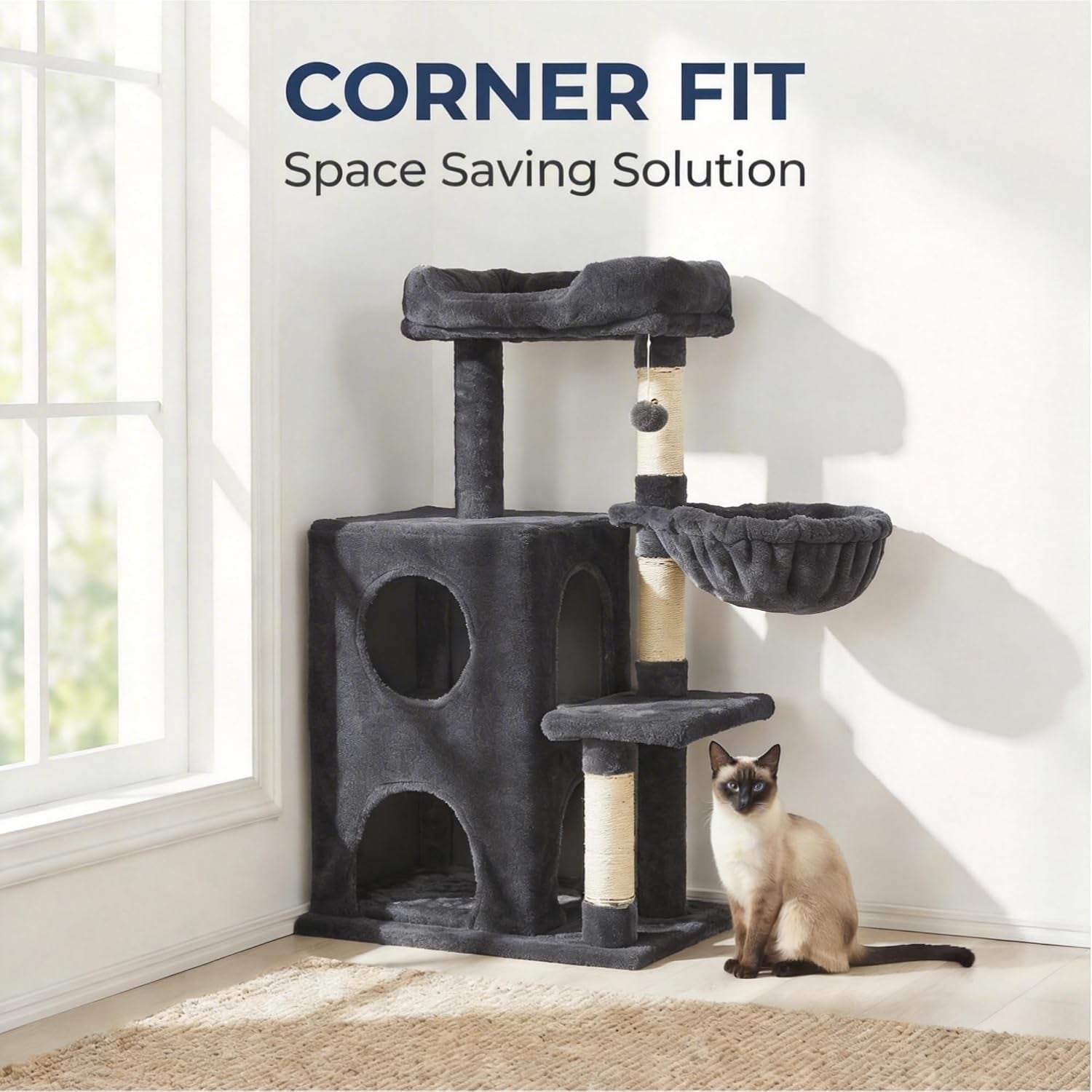 Cat Tree Tower for Indoor Cats, 36-Inch Adult Cat Tree House for Large Adult Cats with Steps, Scratching Post, 2 Cat Condo, Dangling Toys, Dark Grey