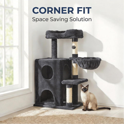 Cat Tree Tower for Indoor Cats, 36-Inch Adult Cat Tree House for Large Adult Cats with Steps, Scratching Post, 2 Cat Condo, Dangling Toys, Dark Grey